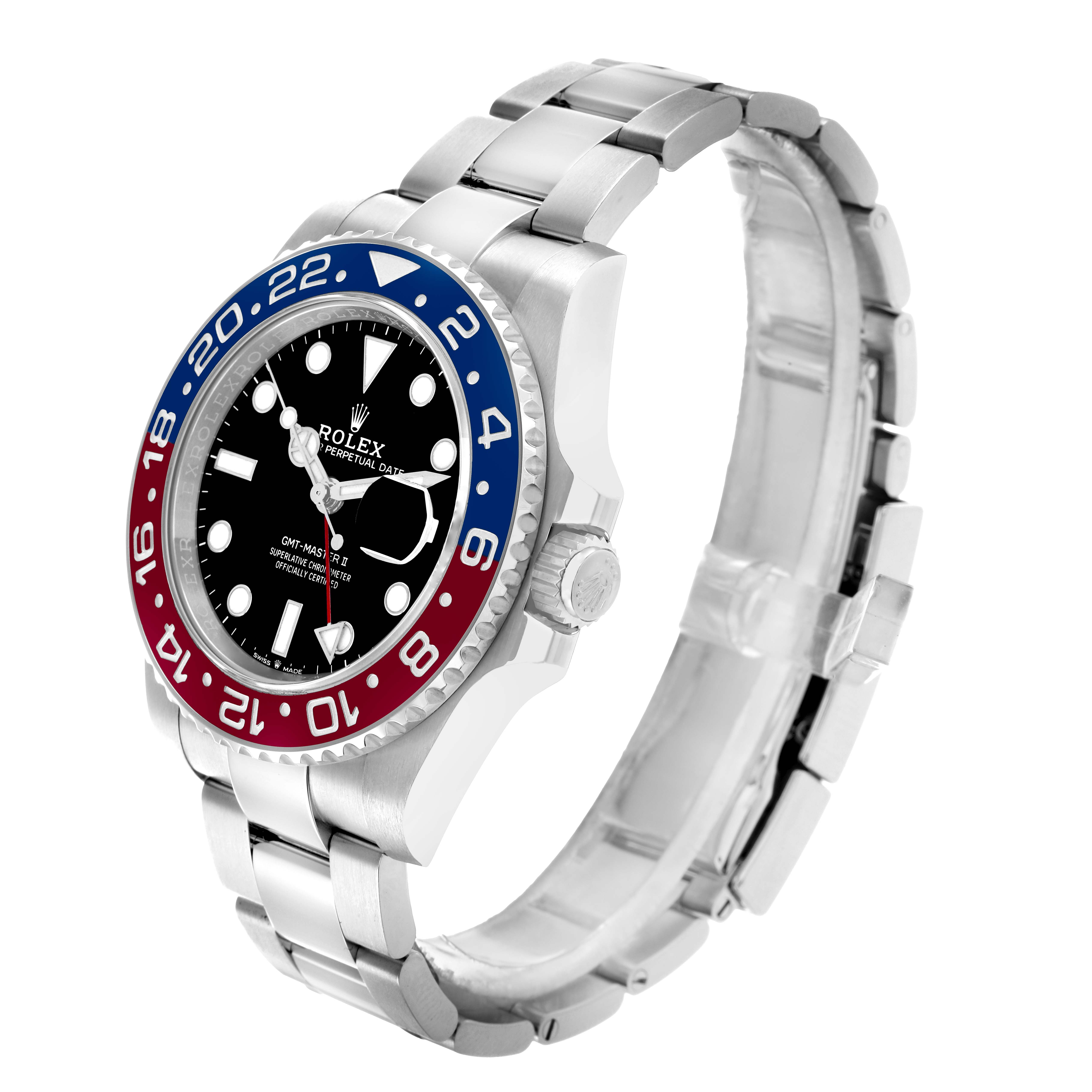 The image shows a Rolex GMT-Master 126710 Men
s Stainless Steel Black Dial watch at an angled side view, displaying the bezel, dial, crown, and bracelet.