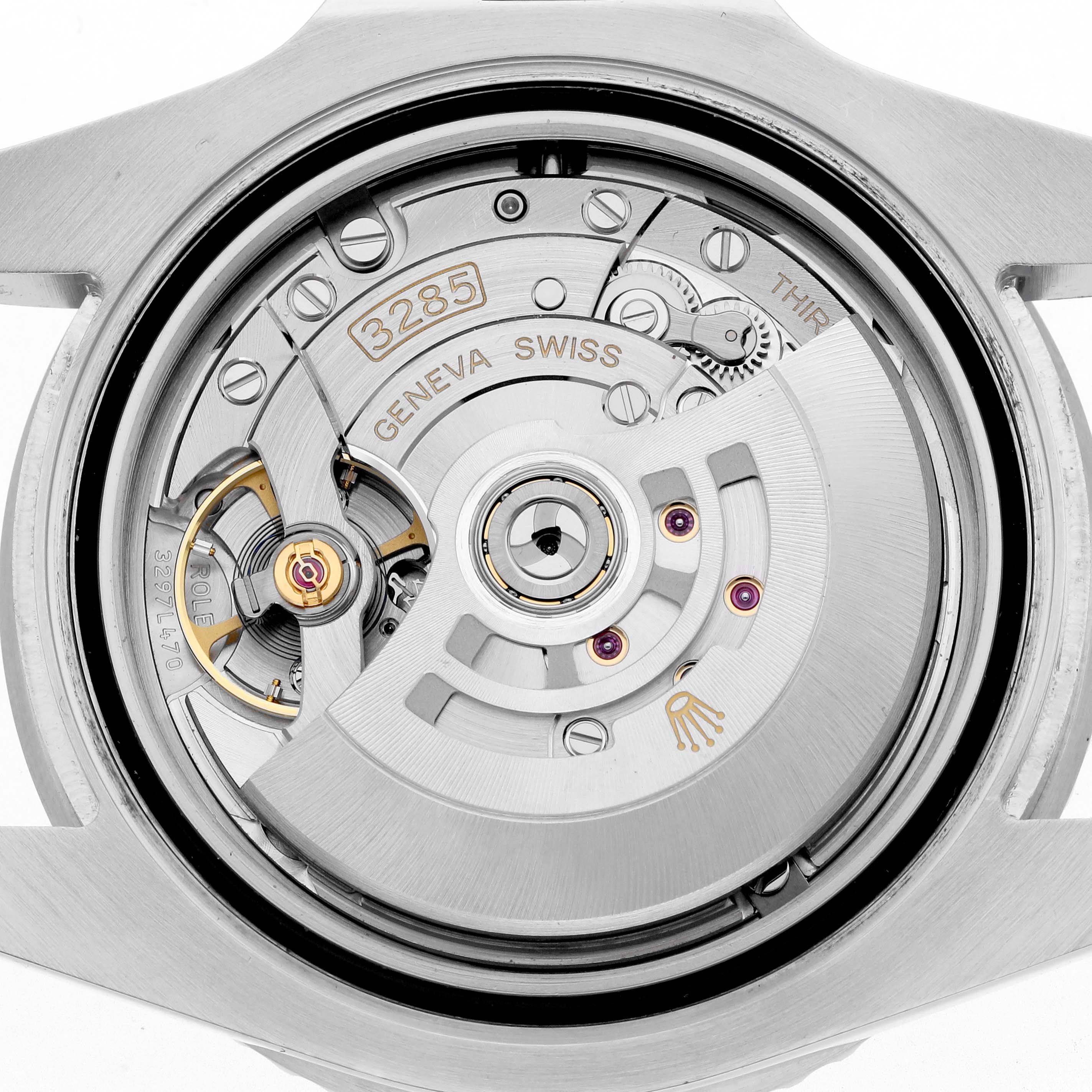 The image shows the back of a Rolex GMT-Master 126710 Men
s Stainless Steel Black Dial watch, highlighting the movement and internal components.