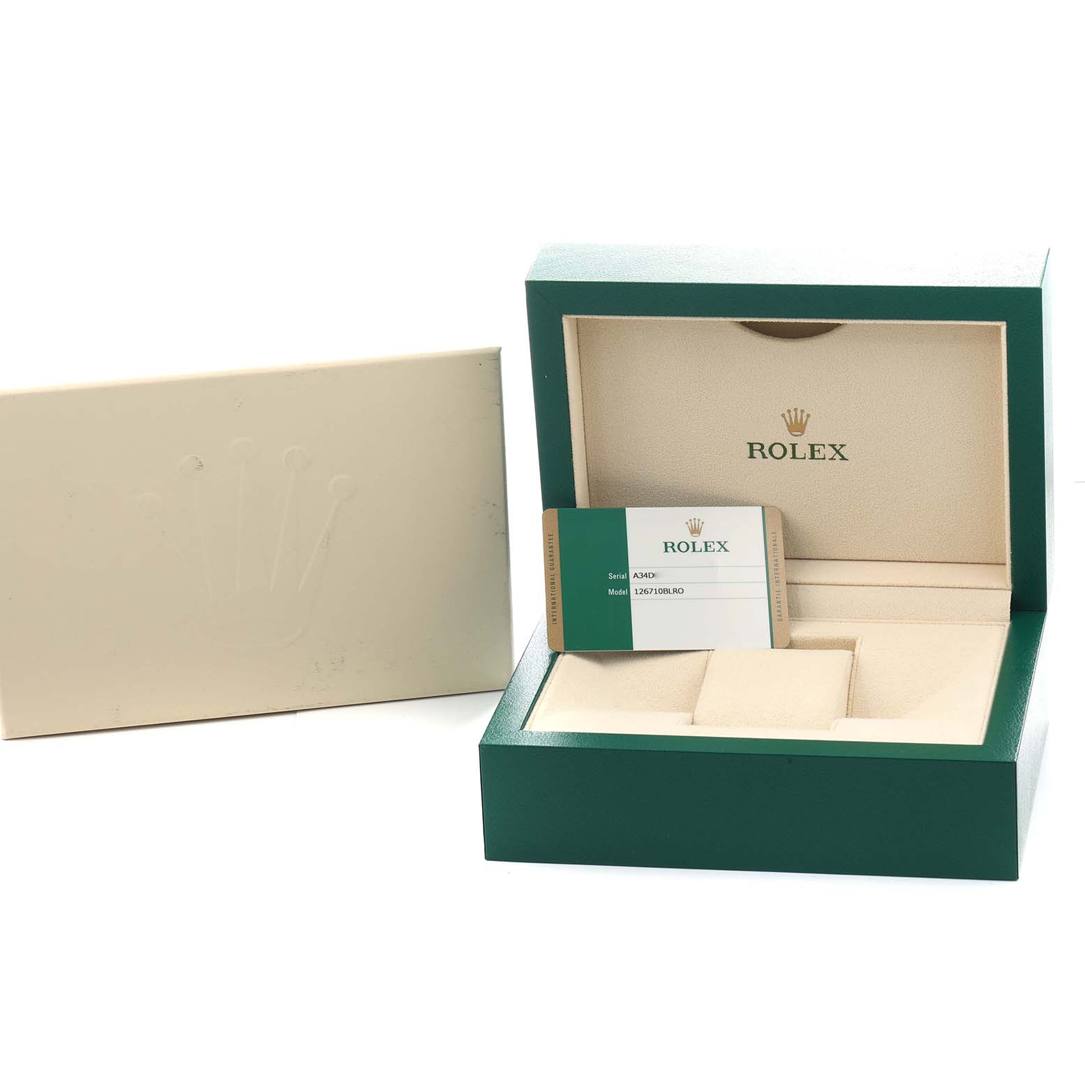 The image shows a Rolex GMT-Master 126710 Men
s Stainless Steel Black Dial box set with an open case and warranty card.