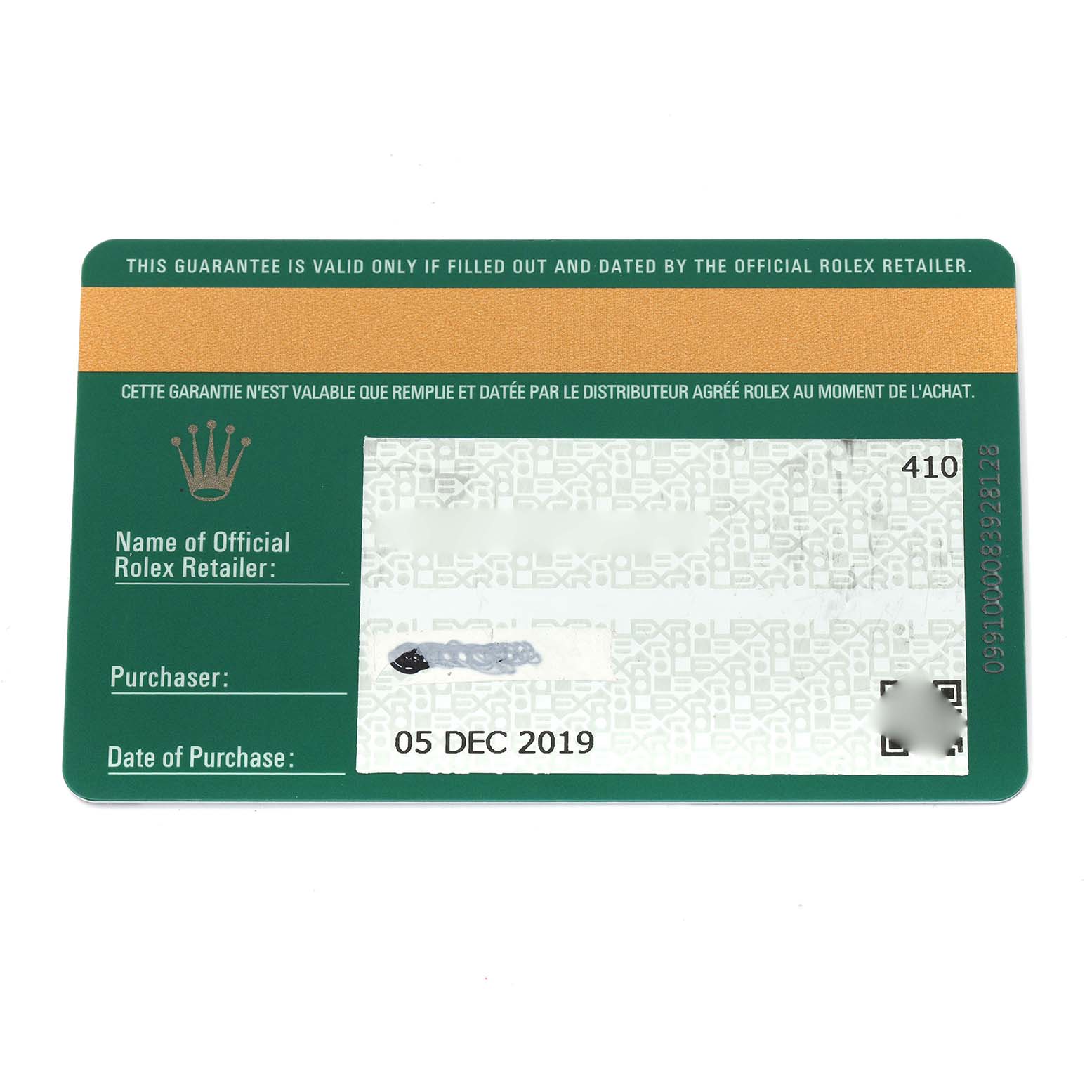 The image shows a warranty card for a Rolex GMT-Master 126710 Men
s Stainless Steel Black Dial, displaying information like retailer name and purchase date.