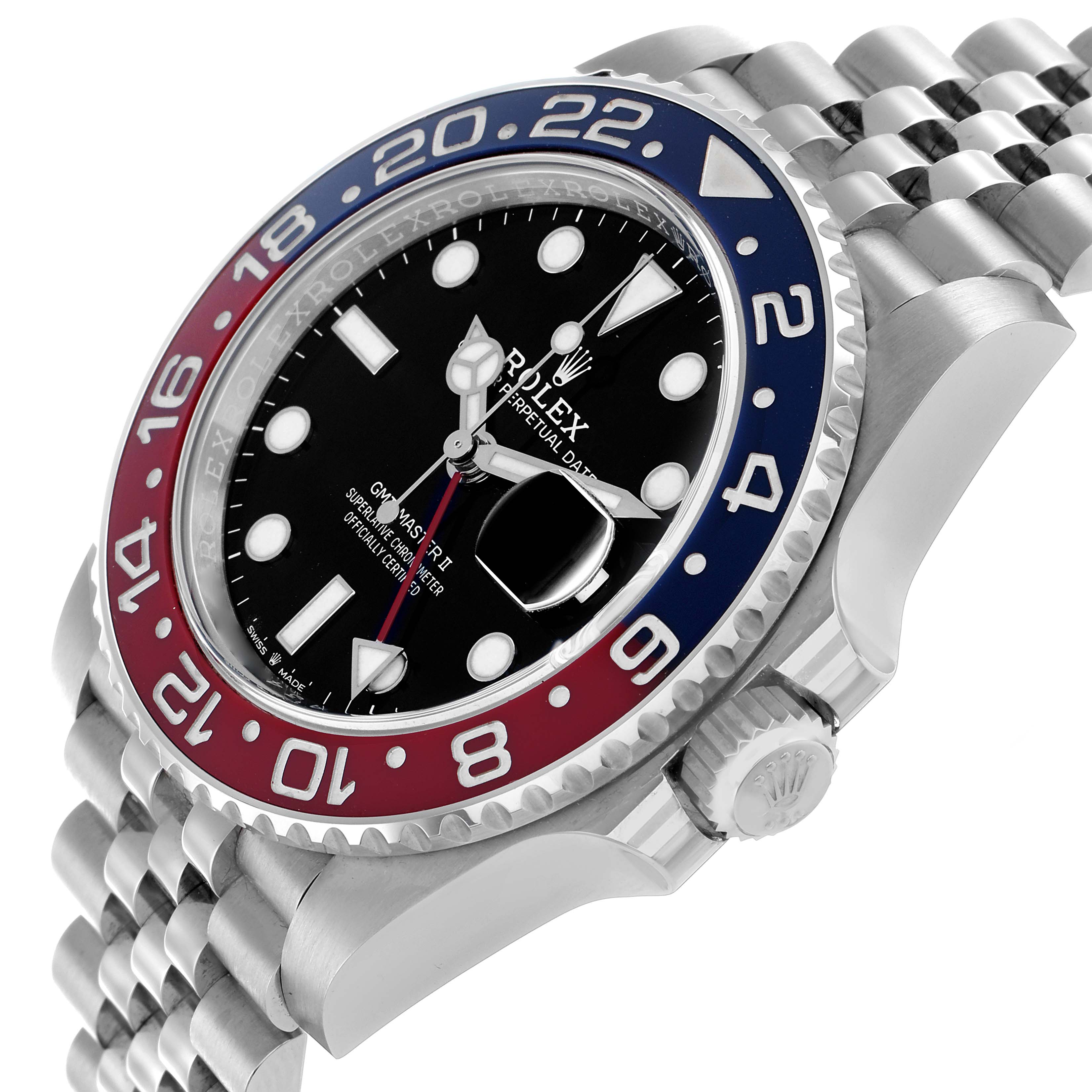 The Rolex GMT-Master 126710 Men
s Stainless Steel Black Dial watch is shown at an angled side view, highlighting the bezel, dial, crown, and Jubilee bracelet.