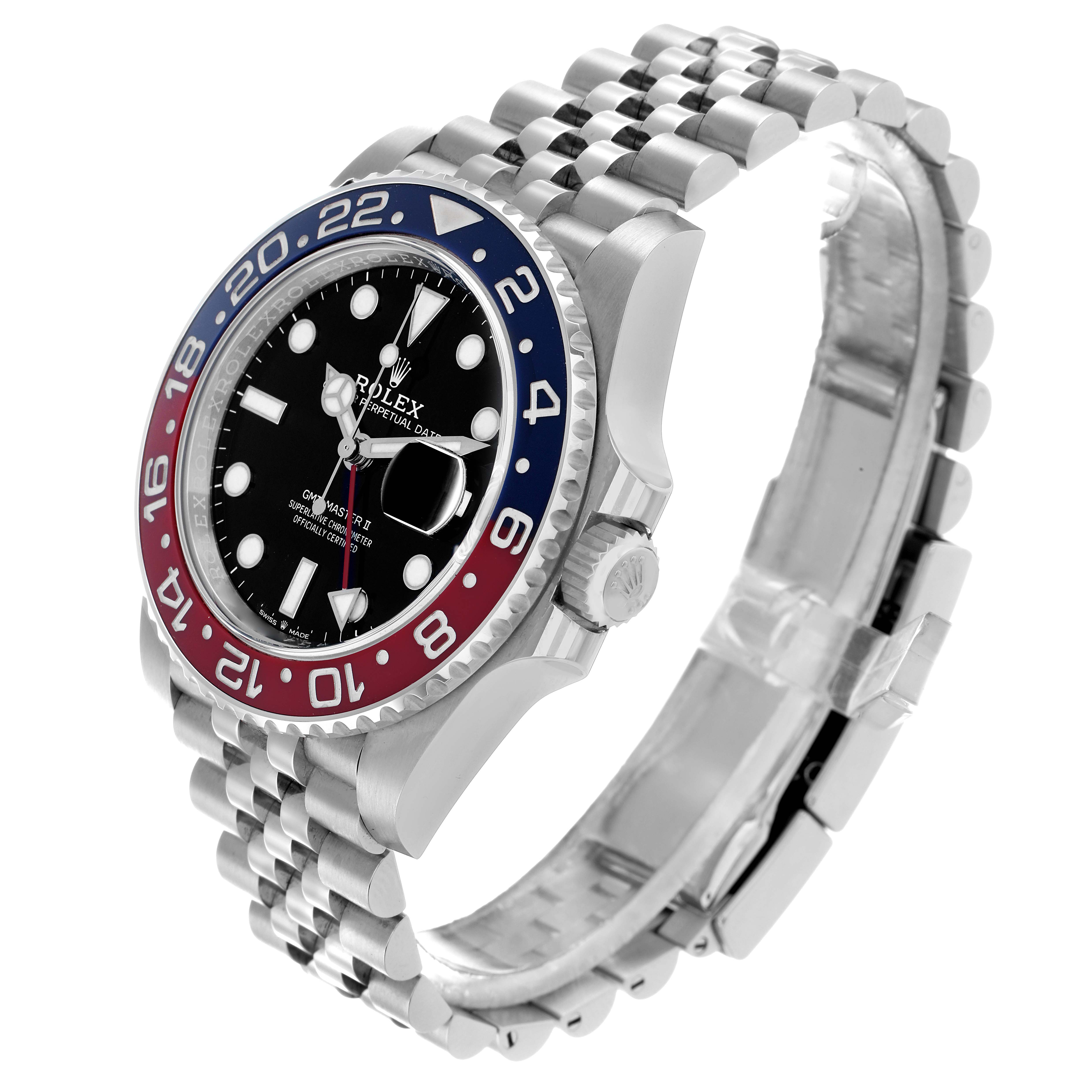 The Rolex GMT-Master 126710 Men
s Stainless Steel Black Dial watch is shown at an angle highlighting the bezel, dial, and jubilee bracelet.