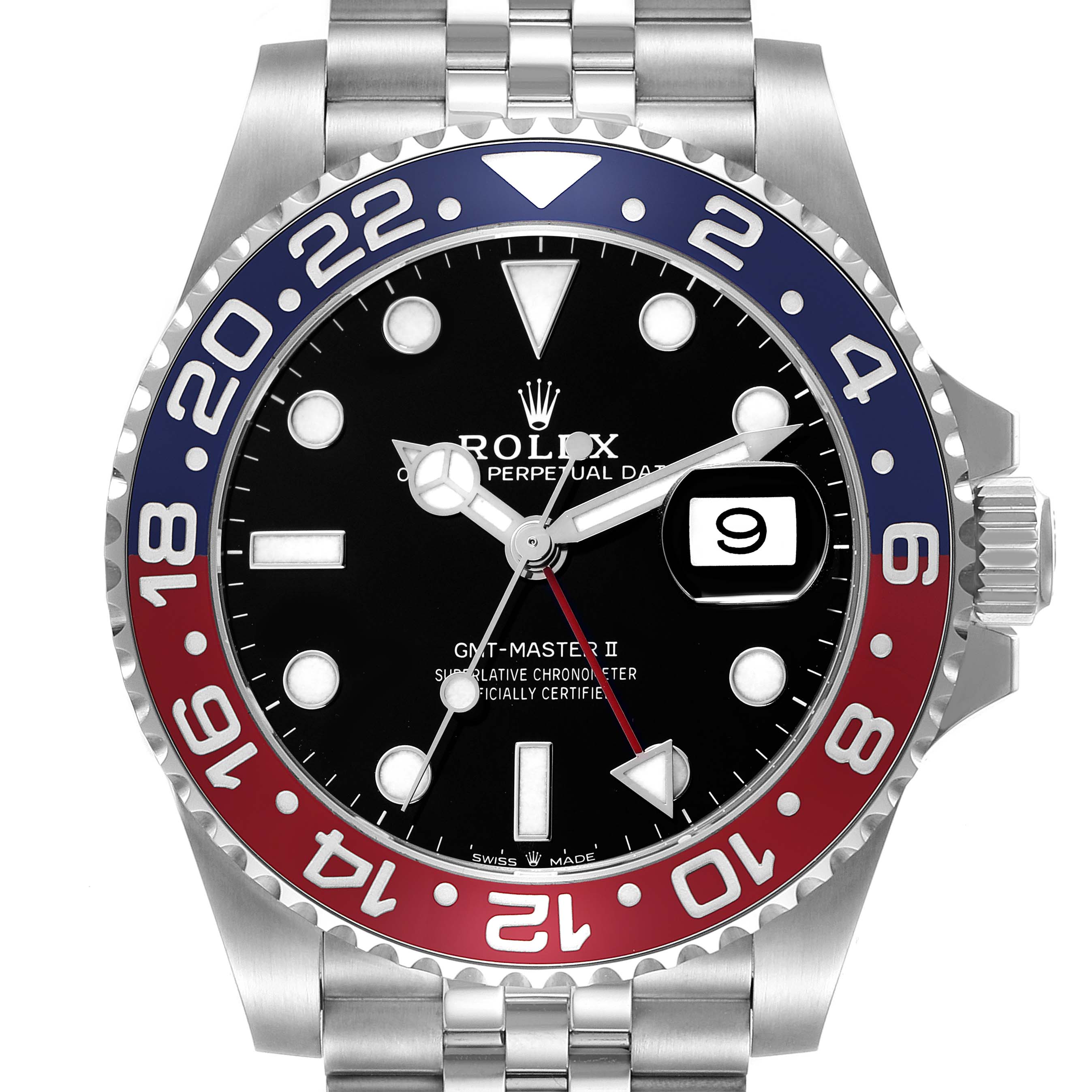 The Rolex GMT-Master 126710 Men
s Stainless Steel Black Dial II watch is shown from the front, highlighting the bezel, dial, and part of the bracelet.