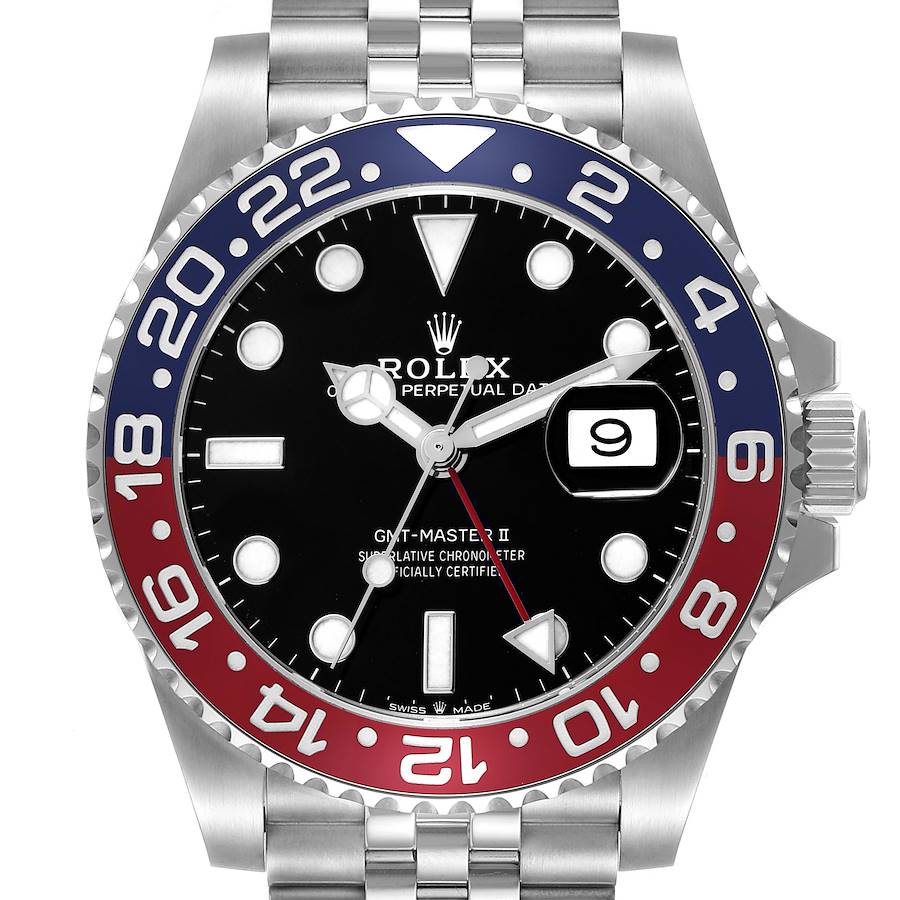 The Rolex GMT-Master 126710 Men's Stainless Steel Black Dial II watch is shown from the front, highlighting the bezel, dial, and part of the bracelet.