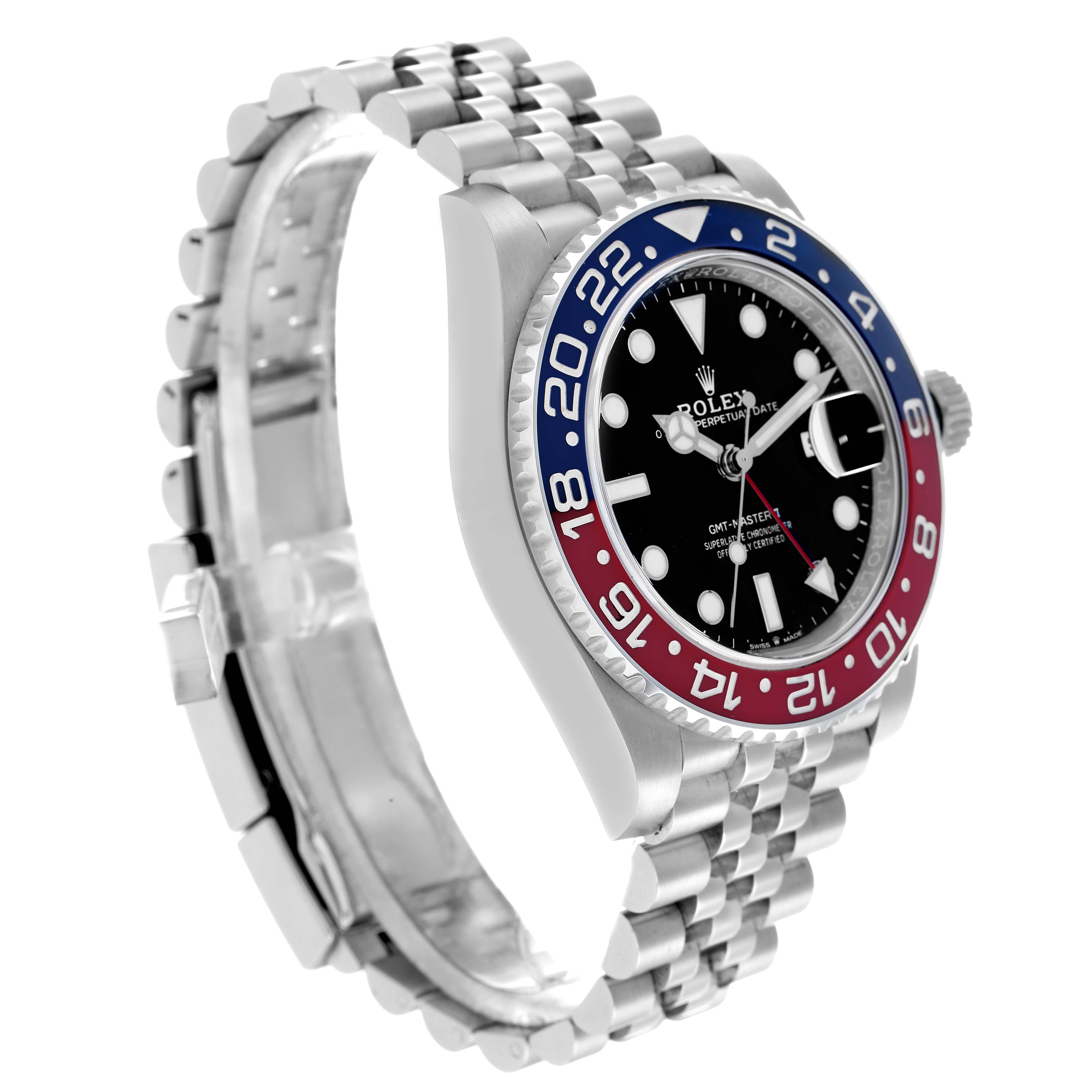 The Rolex GMT-Master 126710 Men
s Stainless Steel Black Dial watch is shown at a slight angle, highlighting the bezel, crown, and part of the jubilee bracelet.