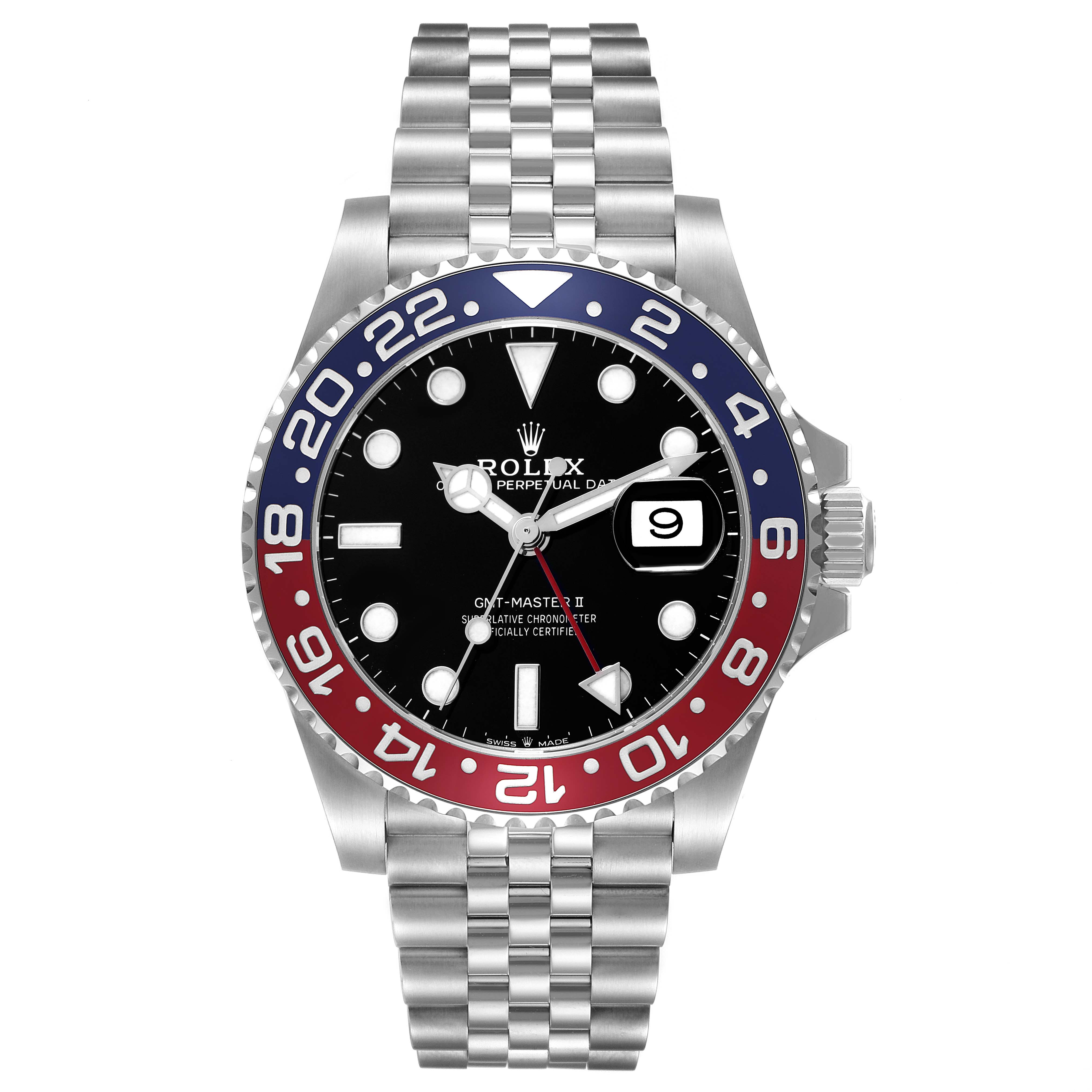 The Rolex GMT-Master 126710 Men
s Stainless Steel Black Dial watch is shown from a front view, highlighting the bezel, dial, hands, date window, lugs, and bracelet.