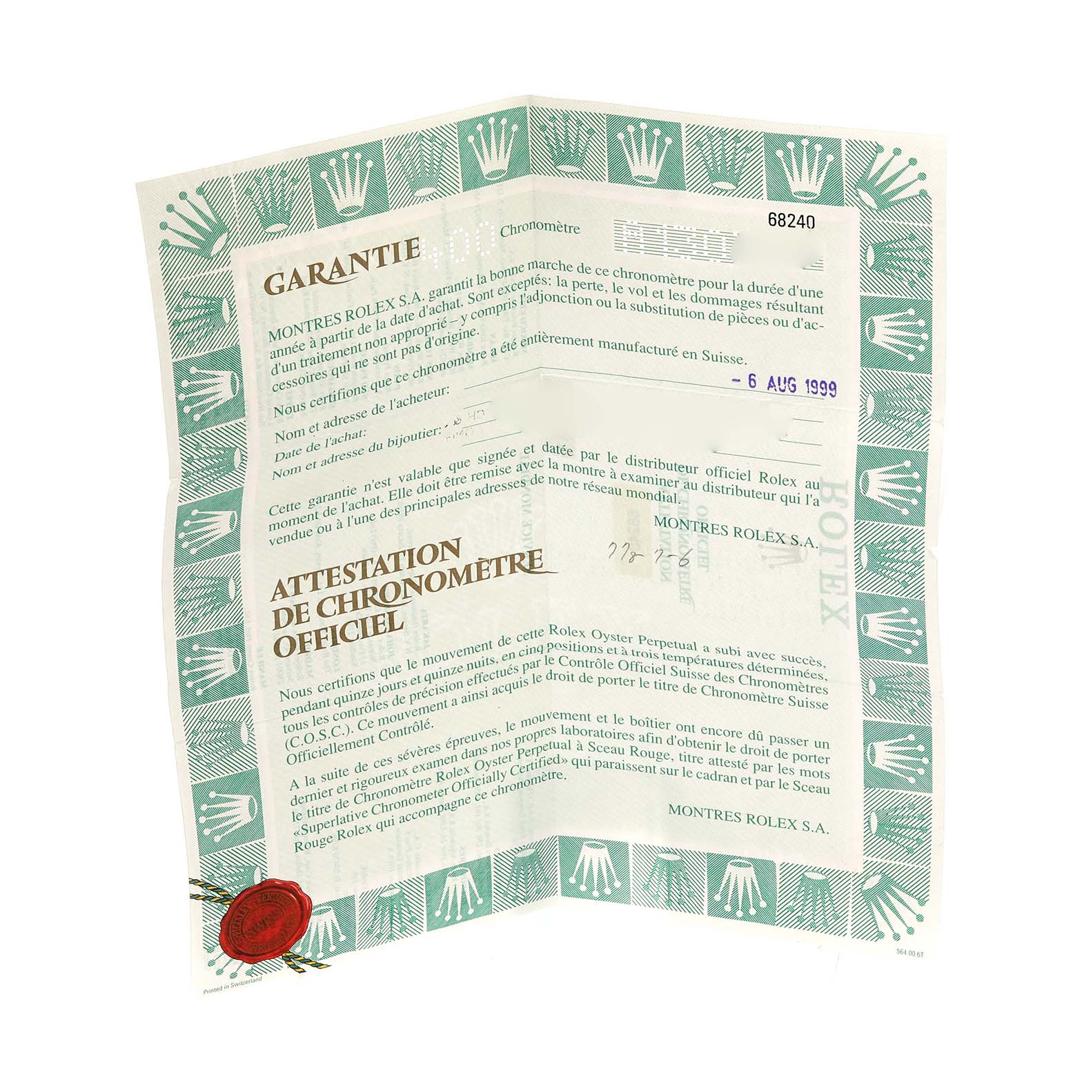 The image shows the warranty and official chronometer certification paperwork for a Rolex Mid-Size 68240 Women's Stainless Steel Black Dial 68240 Women's Stainless Steel Black Dial model.