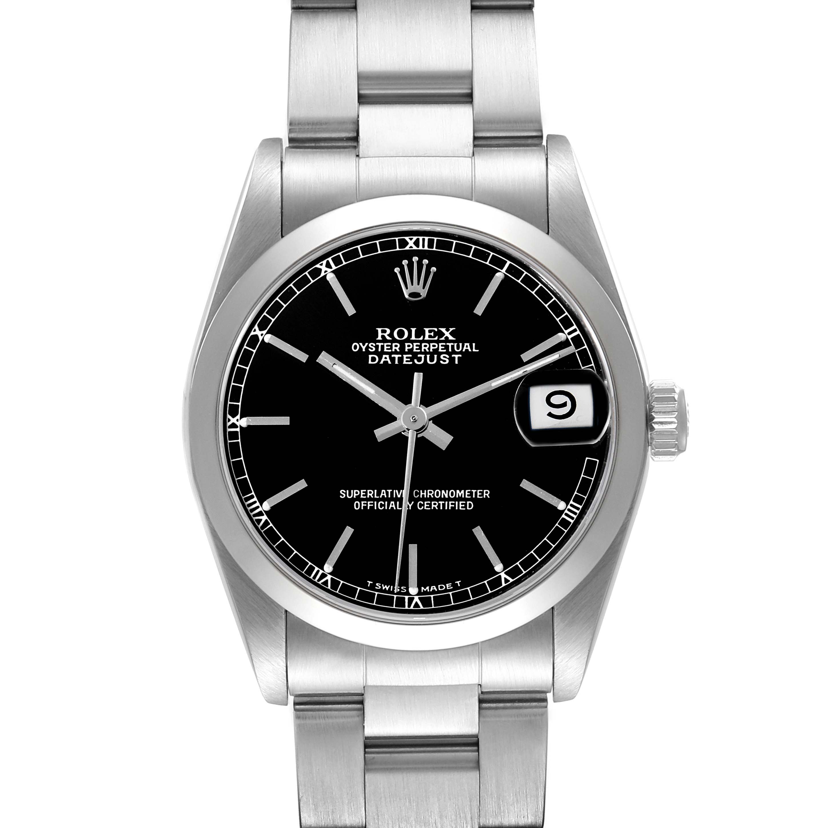 The image shows a front view of a Rolex Mid-Size 68240 Women's Stainless Steel Black Dial 68240 Women's Stainless Steel Black Dial Oyster Perpetual Datejust watch.