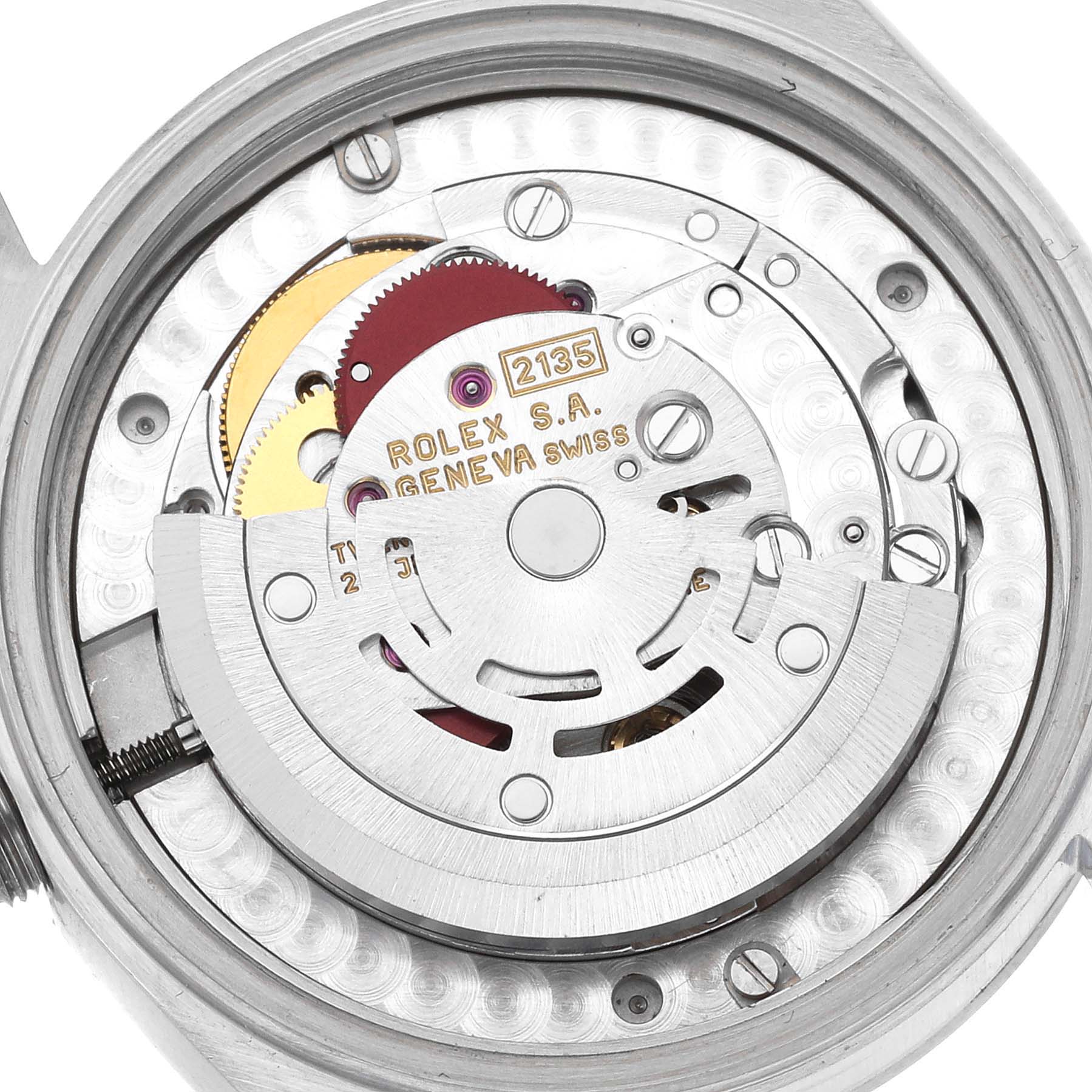 This image shows the exposed mechanical movement of a Mid-Size Rolex watch from a top-down angle.