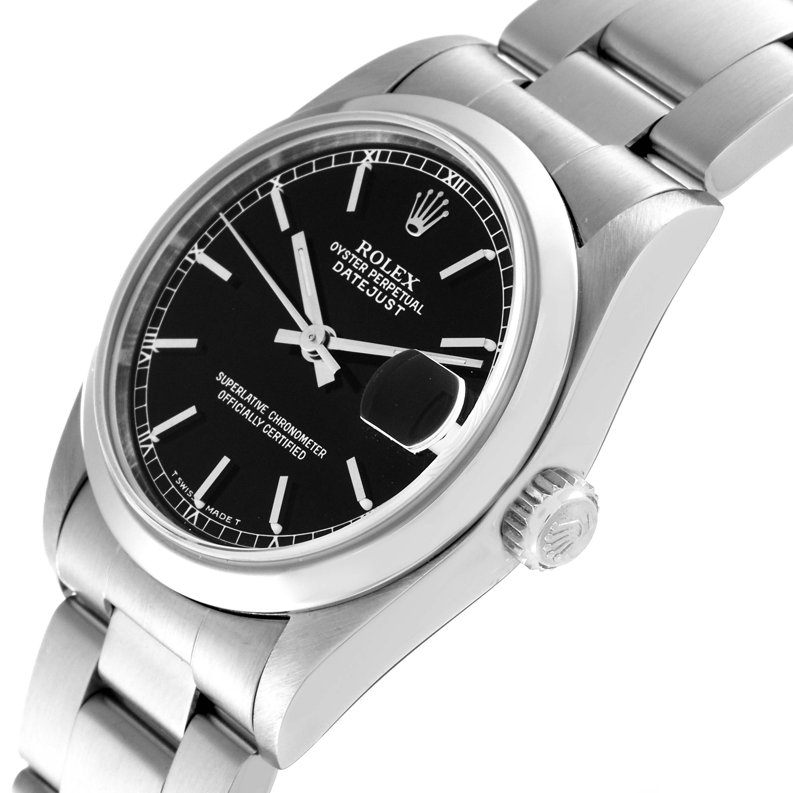 The Rolex Mid-Size 68240 Women's Stainless Steel Black Dial 68240 Women's Stainless Steel Black Dial Oyster Perpetual Datejust is shown from an angled view, highlighting the black dial, bracelet, and crown.