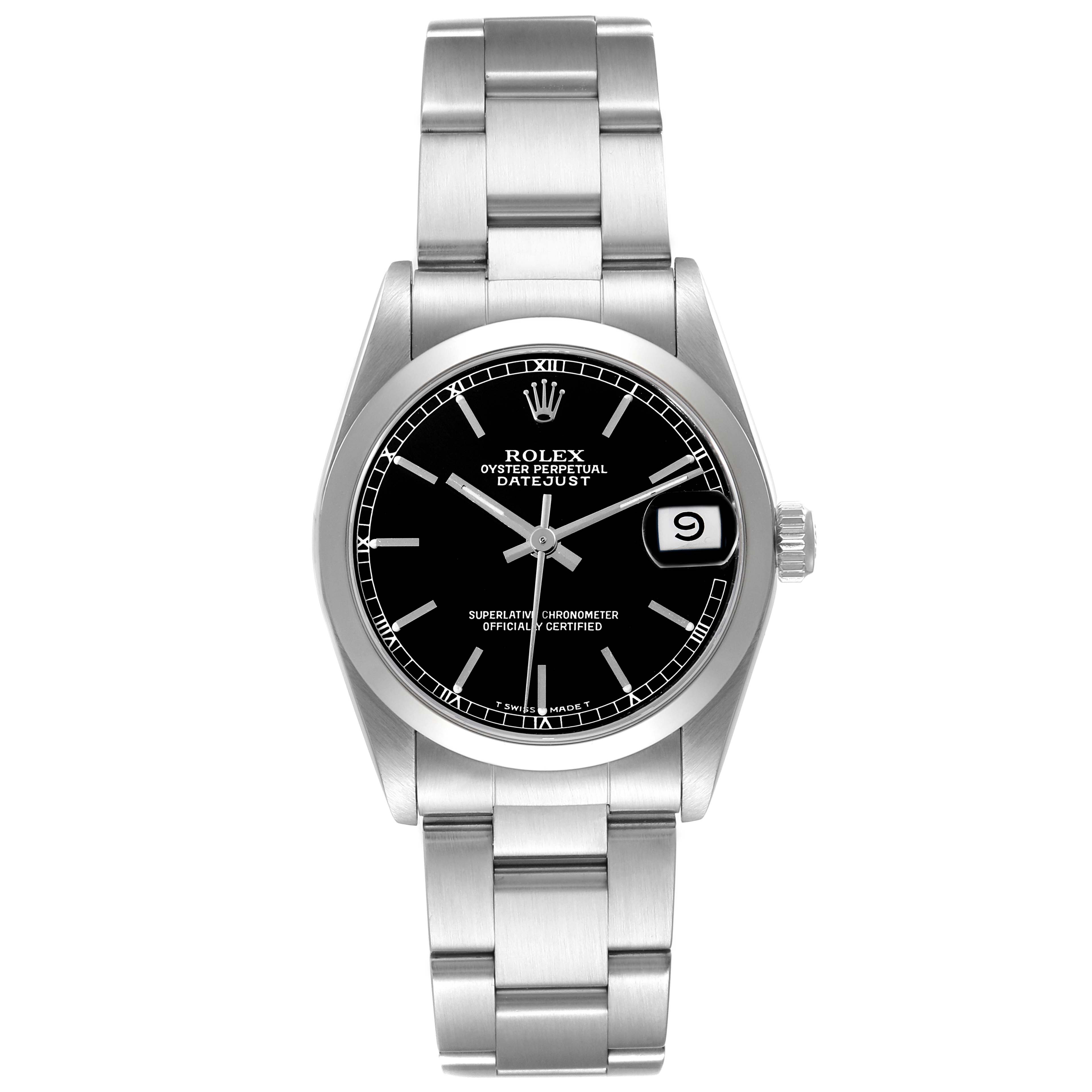 This image shows a frontal view of a Rolex Mid-Size 68240 Women's Stainless Steel Black Dial 68240 Women's Stainless Steel Black Dial Oyster Perpetual Datejust watch, displaying its black dial and metal bracelet.