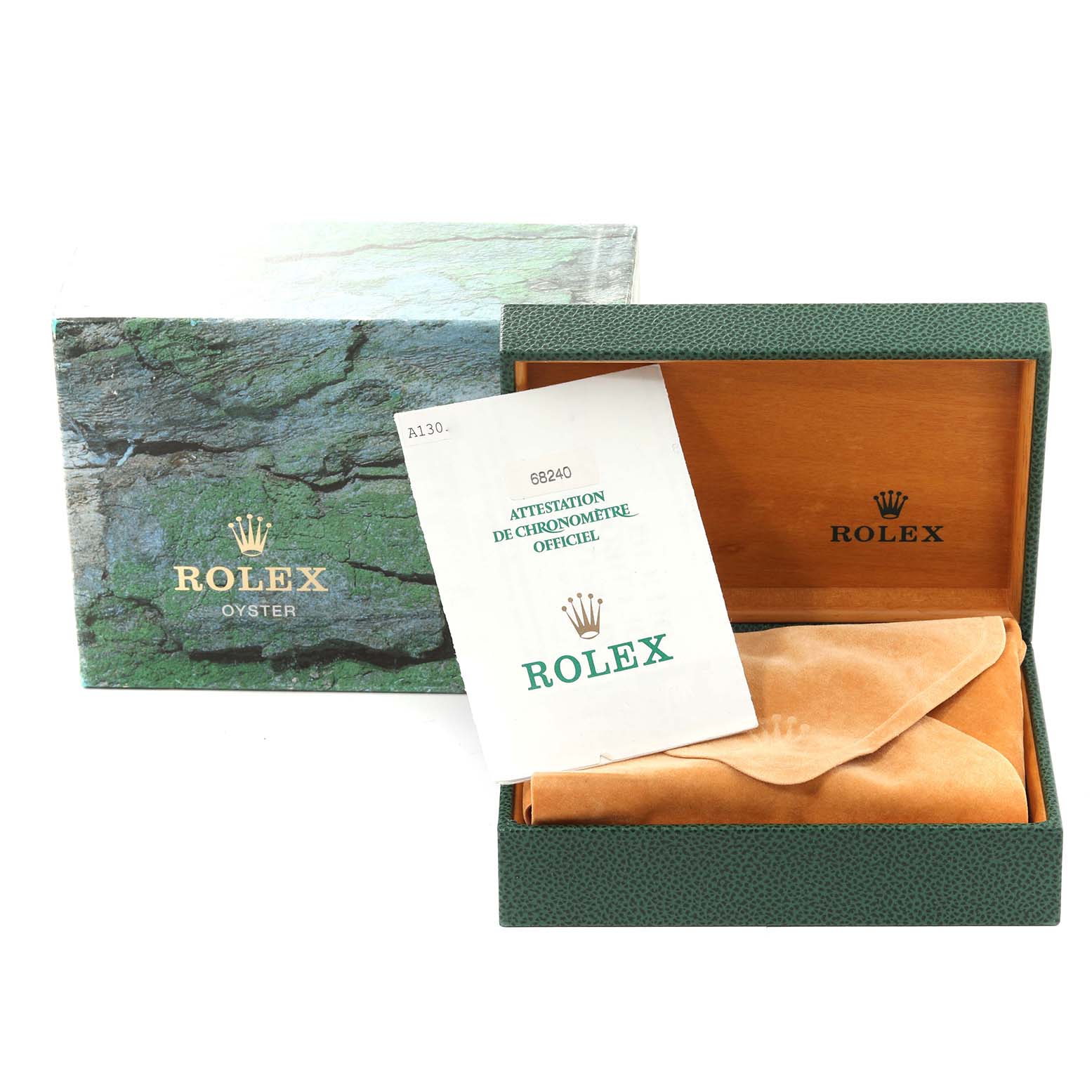 The image shows the packaging and accessories for a Mid-Size Rolex watch, including a green box, a certificate, and a suede pouch.