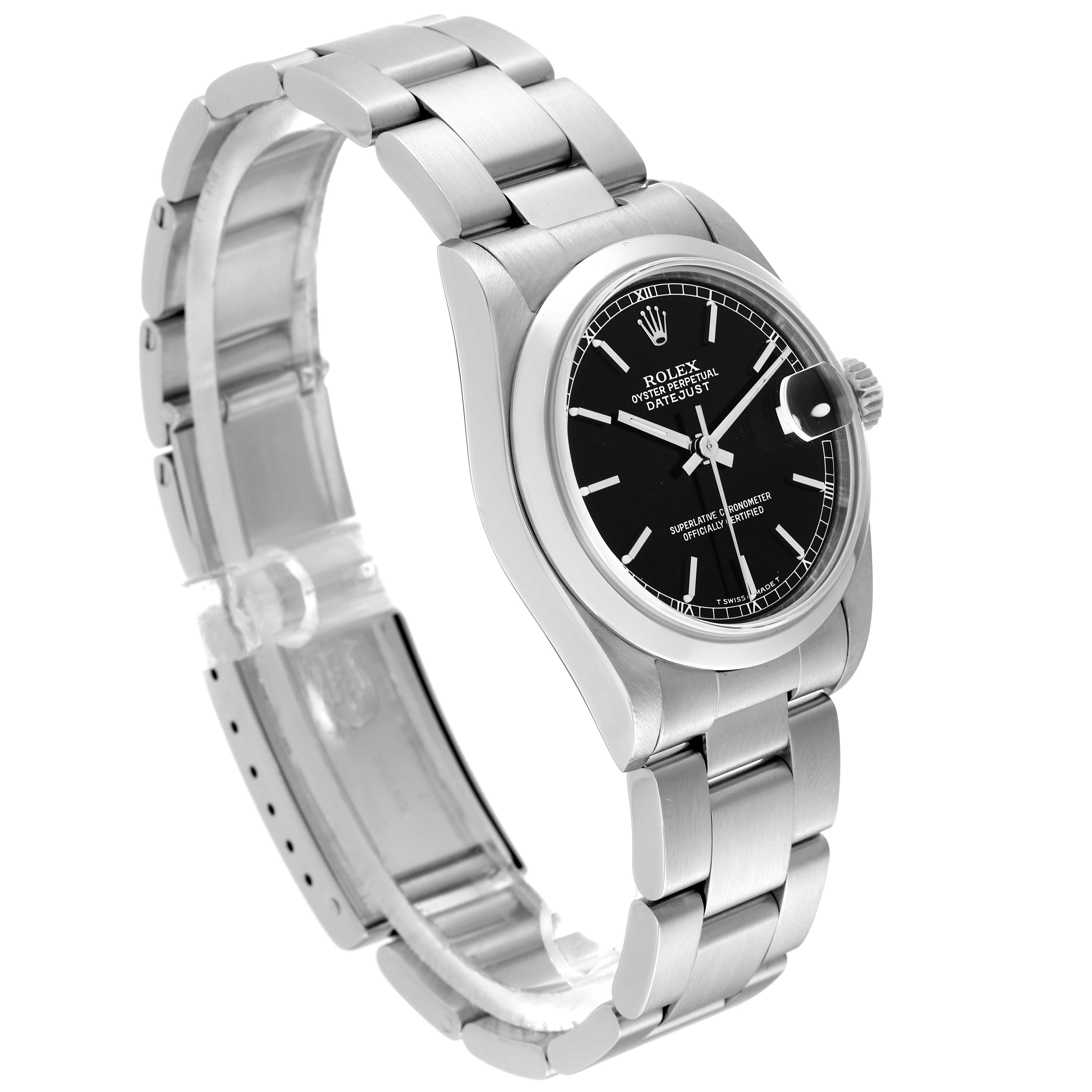 This image shows a side angle of a Mid-Size Rolex Datejust, highlighting its stainless steel case, bracelet, and black dial.