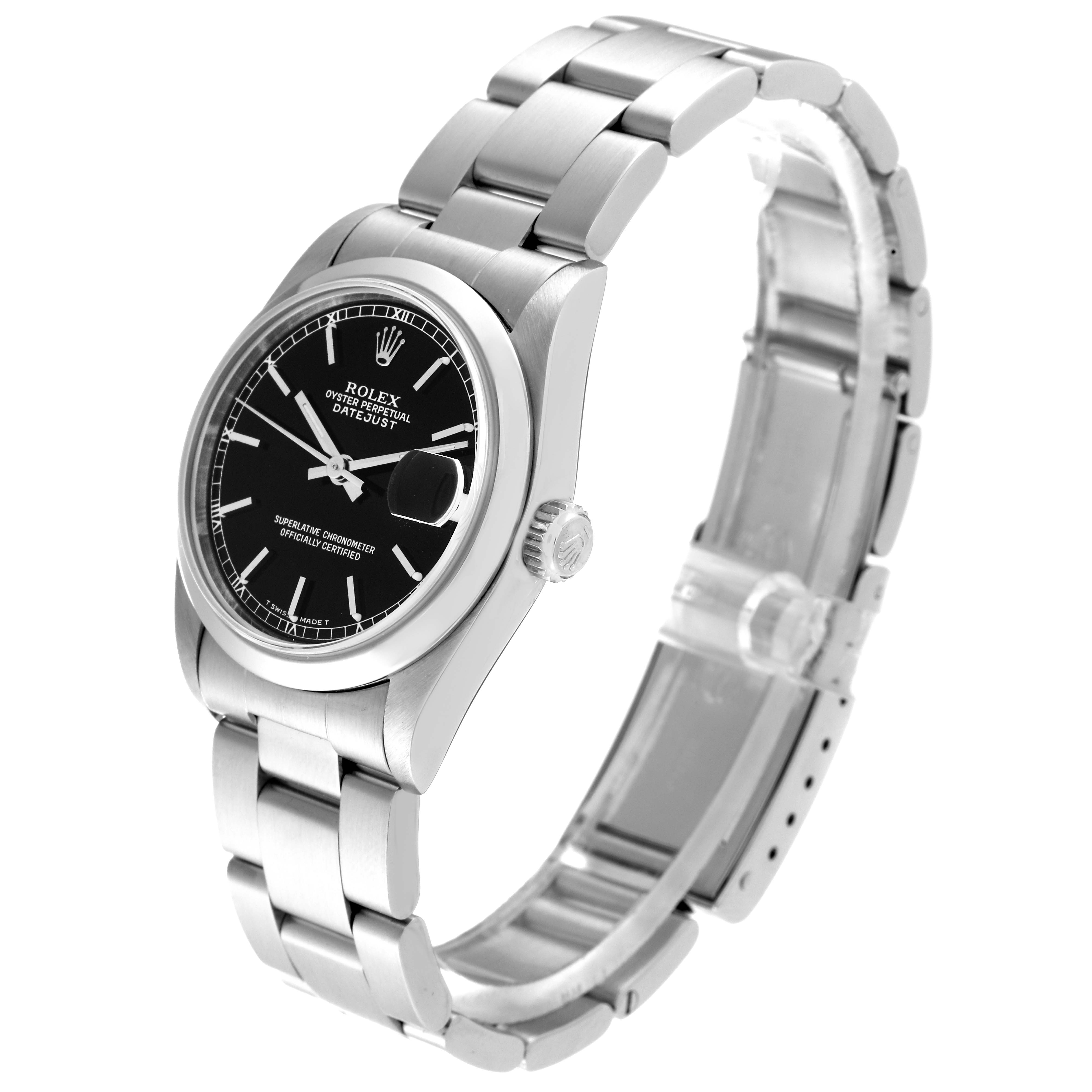 This image shows a Rolex Mid-Size 68240 Women's Stainless Steel Black Dial 68240 Women's Stainless Steel Black Dial Oyster Perpetual Datejust watch angled from the front-left, highlighting the face, bezel, and bracelet.