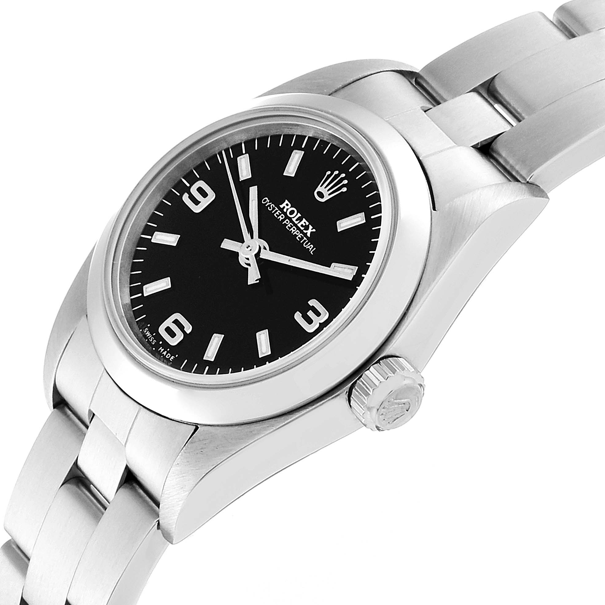 The Rolex Oyster Perpetual 76080 Women
s Stainless Steel Black Dial 76080 Women
s Stainless Steel Black Dial watch is shown at an angle emphasizing the dial, bezel, crown, and part of the bracelet.