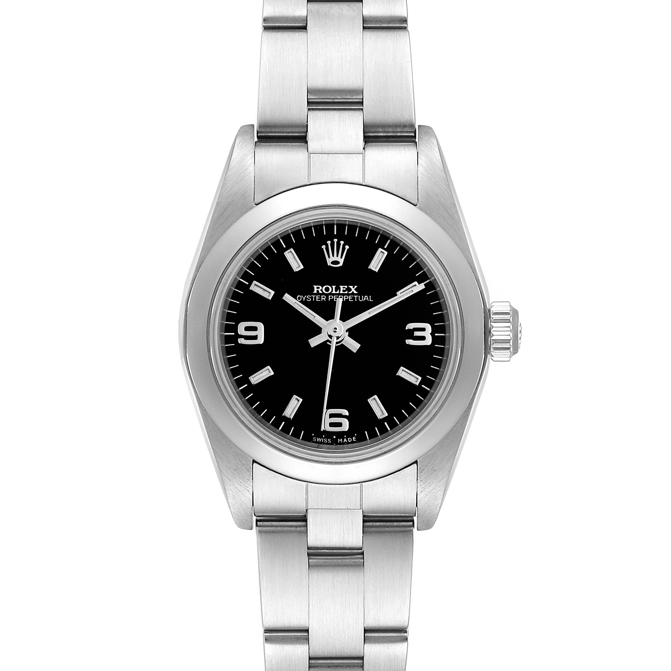 The Rolex Oyster Perpetual 76080 Women
s Stainless Steel Black Dial 76080 Women
s Stainless Steel Black Dial watch is shown from a top-down angle, displaying the face, bezel, crown, and bracelet.