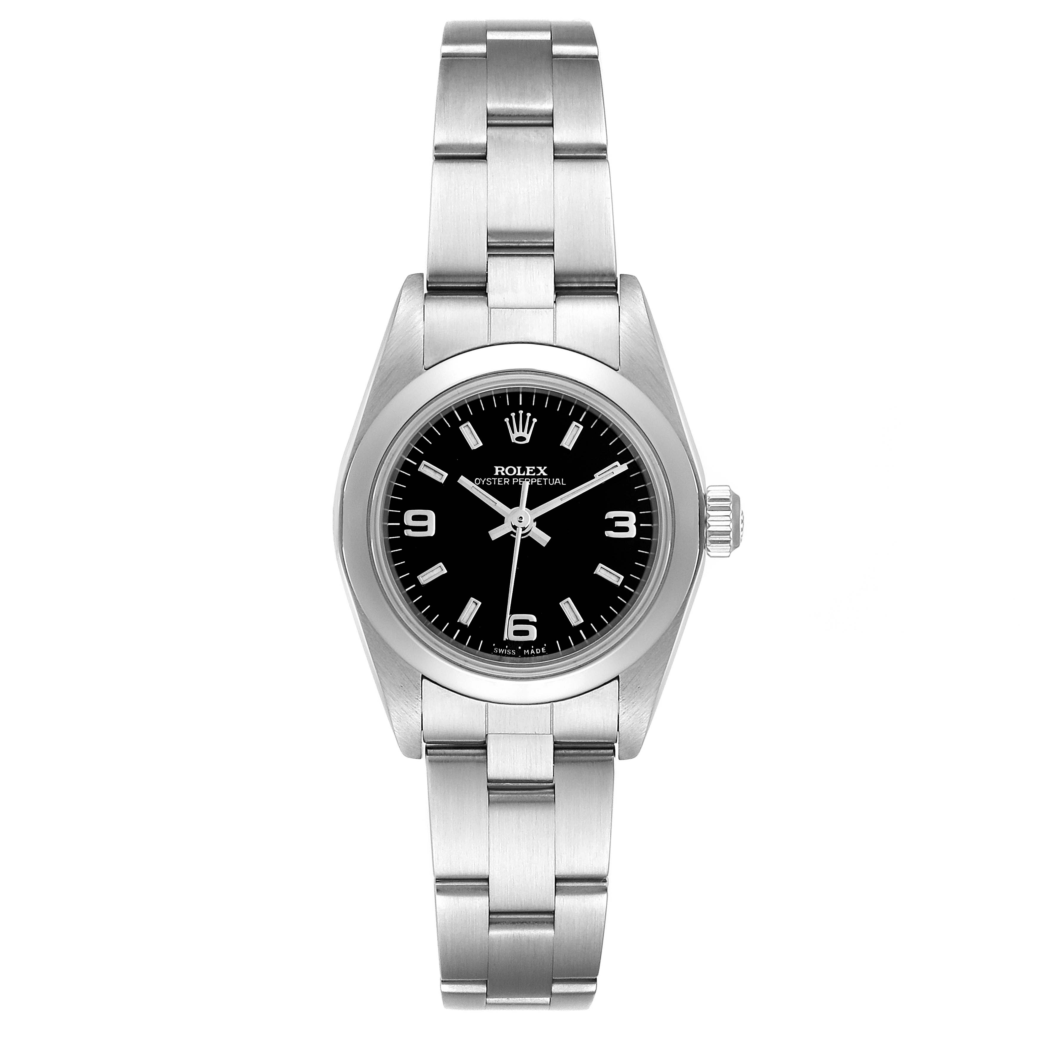 The image shows a front view of a Rolex Oyster Perpetual 76080 Women
s Stainless Steel Black Dial 76080 Women
s Stainless Steel Black Dial watch, displaying its dial, case, and bracelet.