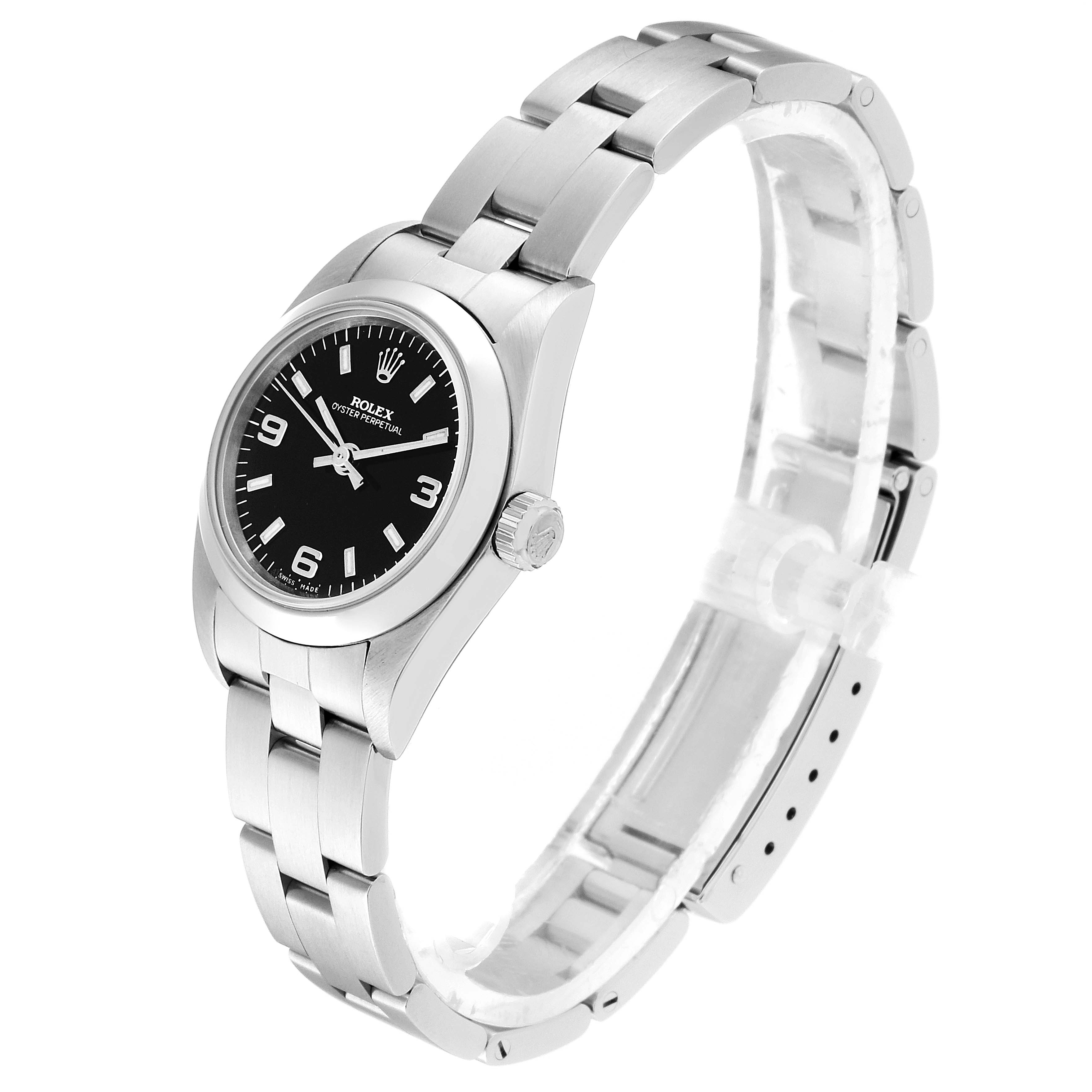 The image shows a side and front view of the Rolex Oyster Perpetual 76080 Women
s Stainless Steel Black Dial 76080 Women
s Stainless Steel Black Dial watch, highlighting the dial, crown, and stainless steel bracelet.