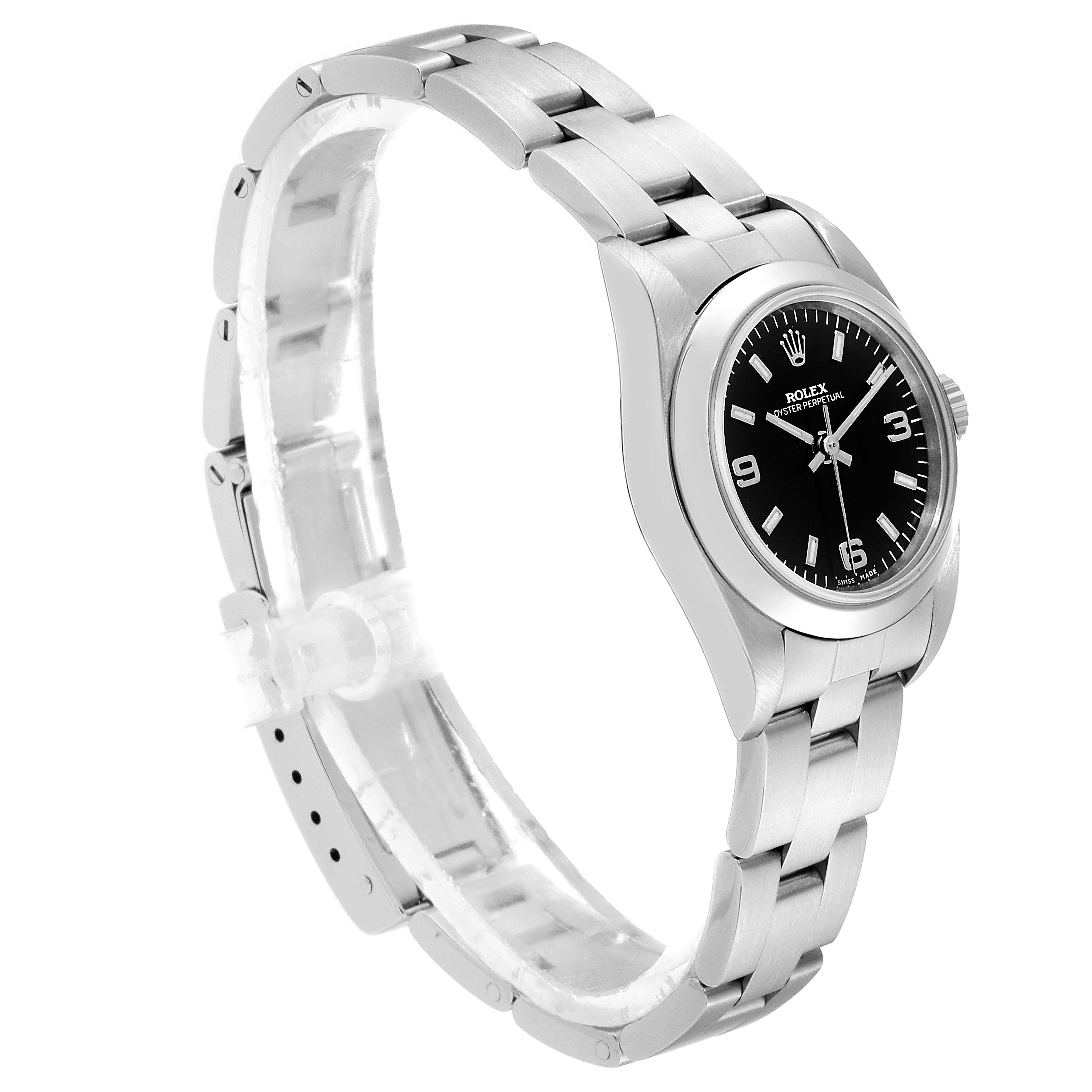 The Rolex Oyster Perpetual 76080 Women
s Stainless Steel Black Dial 76080 Women
s Stainless Steel Black Dial watch is shown at a slight angle, highlighting the black dial, stainless steel case, and bracelet.