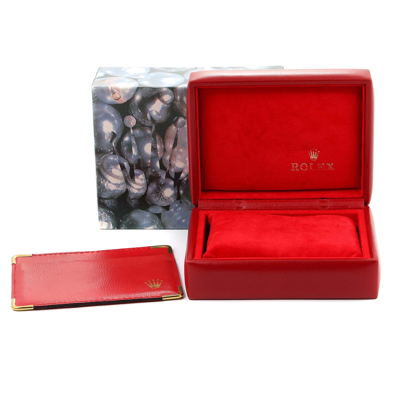 This image shows a Rolex Oyster Perpetual 76080 Women
s Stainless Steel Black Dial 76080 Women
s Stainless Steel Black Dial watch box, cardholder, and outer packaging.