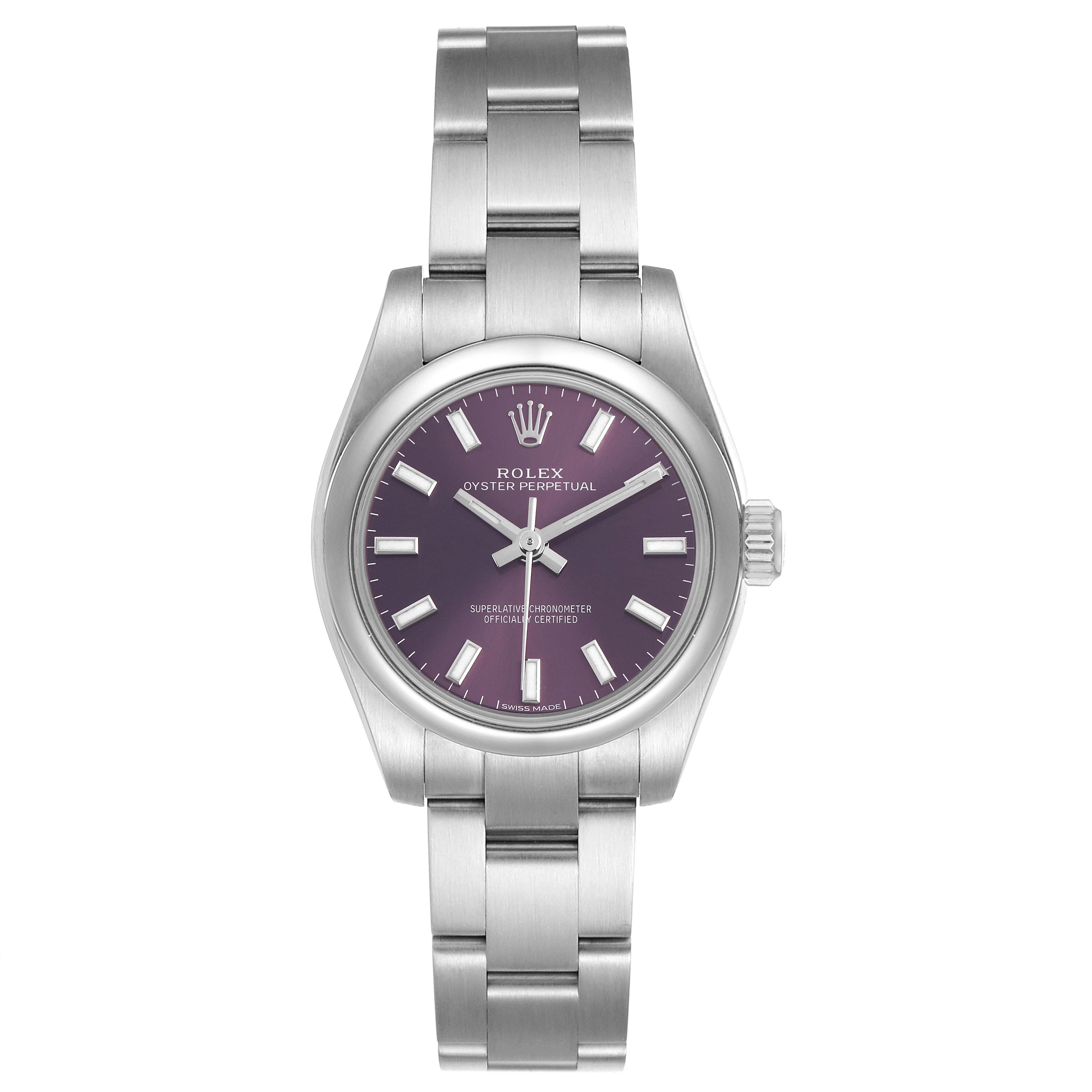 The Rolex Oyster Perpetual 176200 Women's Stainless Steel Purple Dial watch is shown from a front angle, displaying the dial and bracelet.