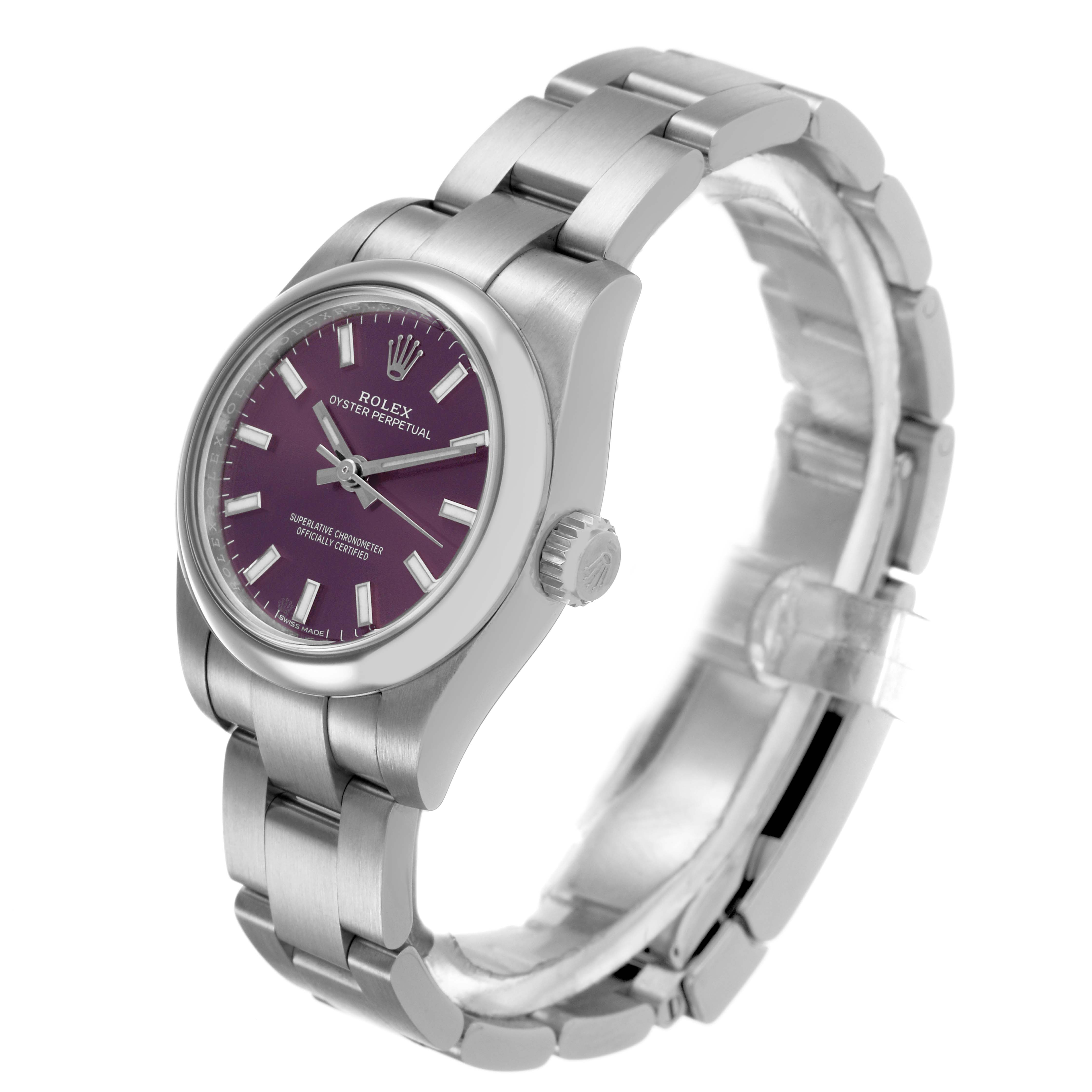 The Rolex Oyster Perpetual 176200 Women's Stainless Steel Purple Dial is shown at a three-quarter angle highlighting the face, bezel, crown, and bracelet.