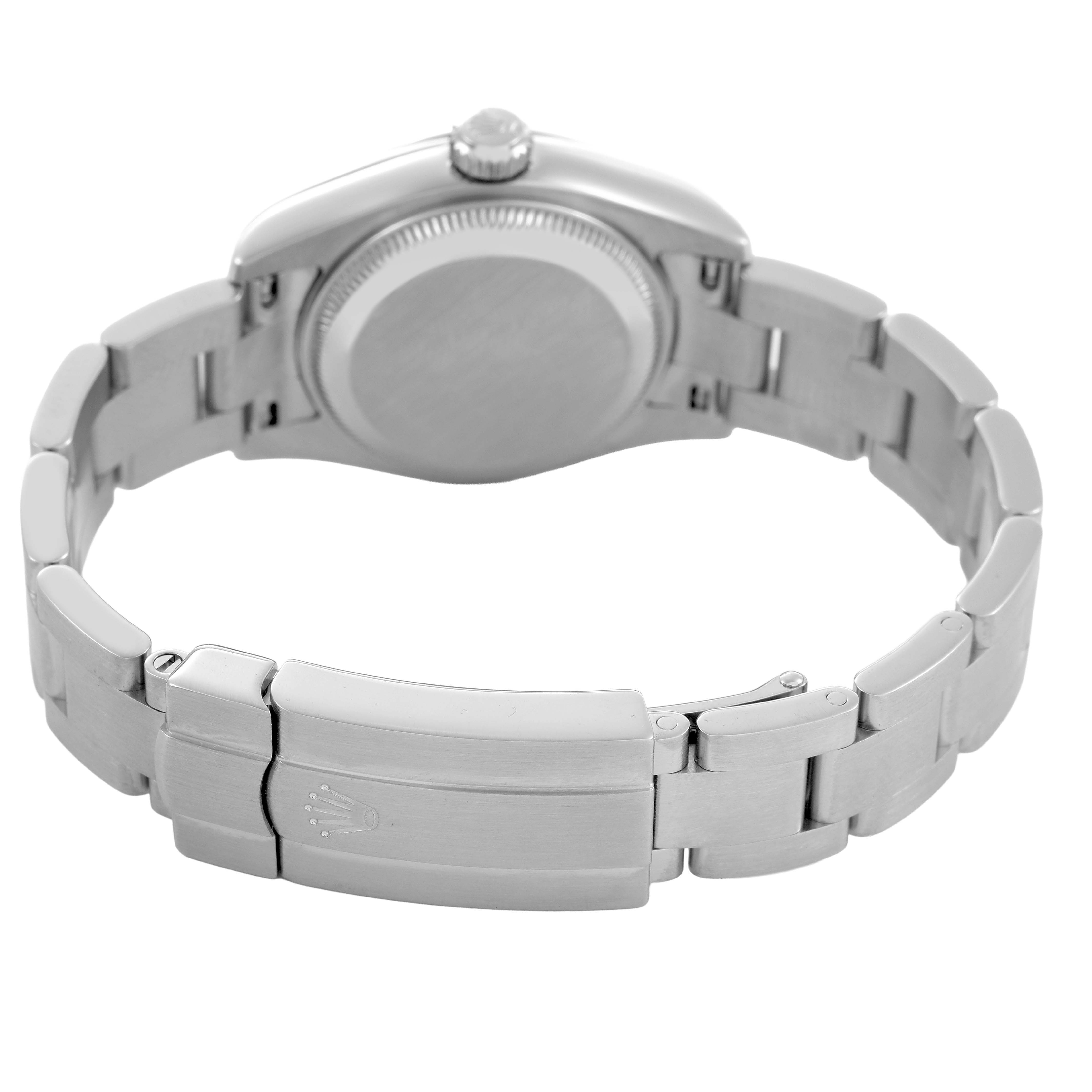 The image shows the back of the Rolex Oyster Perpetual 176200 Women's Stainless Steel Purple Dial, highlighting the bracelet and clasp.