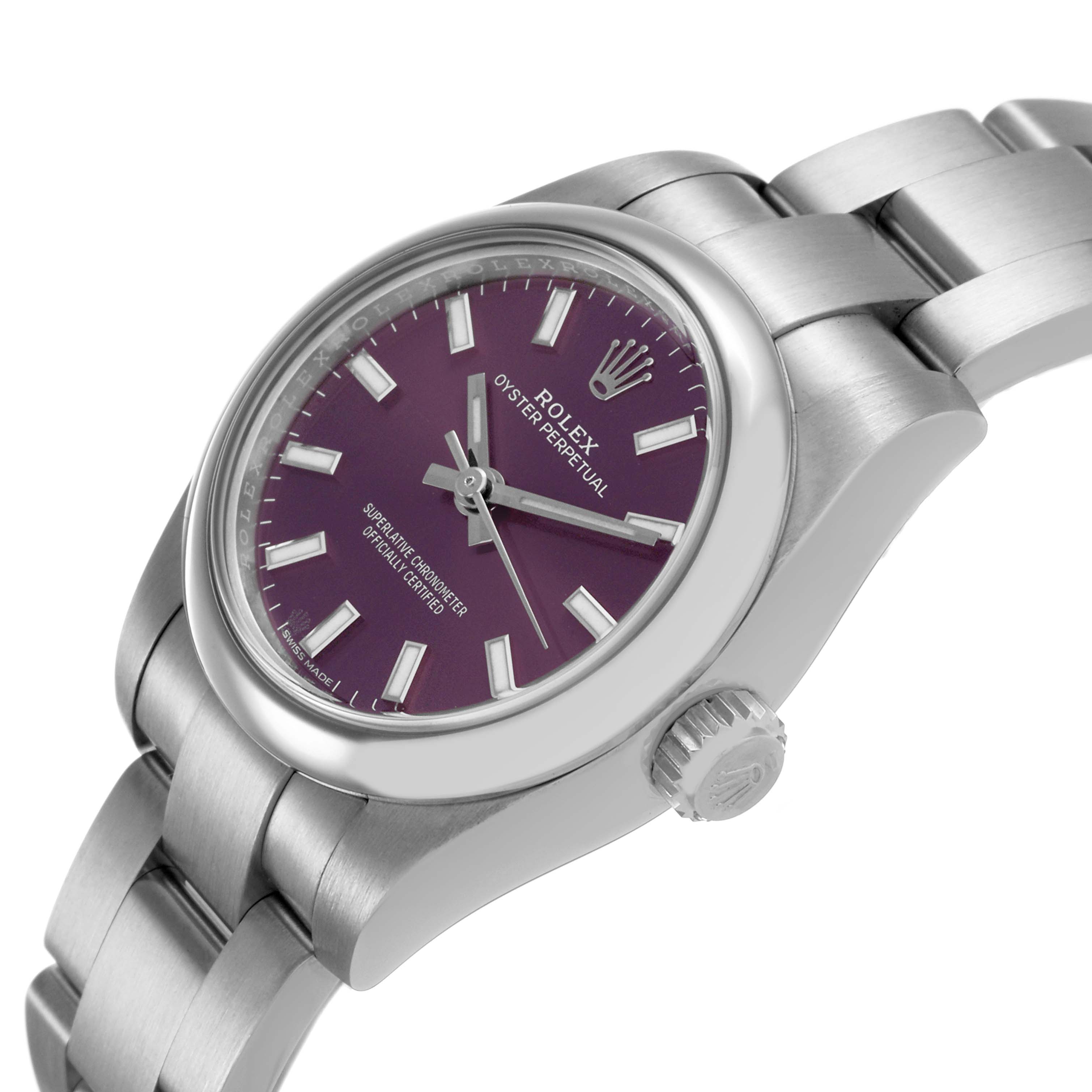 The Rolex Oyster Perpetual 176200 Women's Stainless Steel Purple Dial watch is shown at a 3/4 angle, highlighting the dial, bezel, crown, and bracelet.