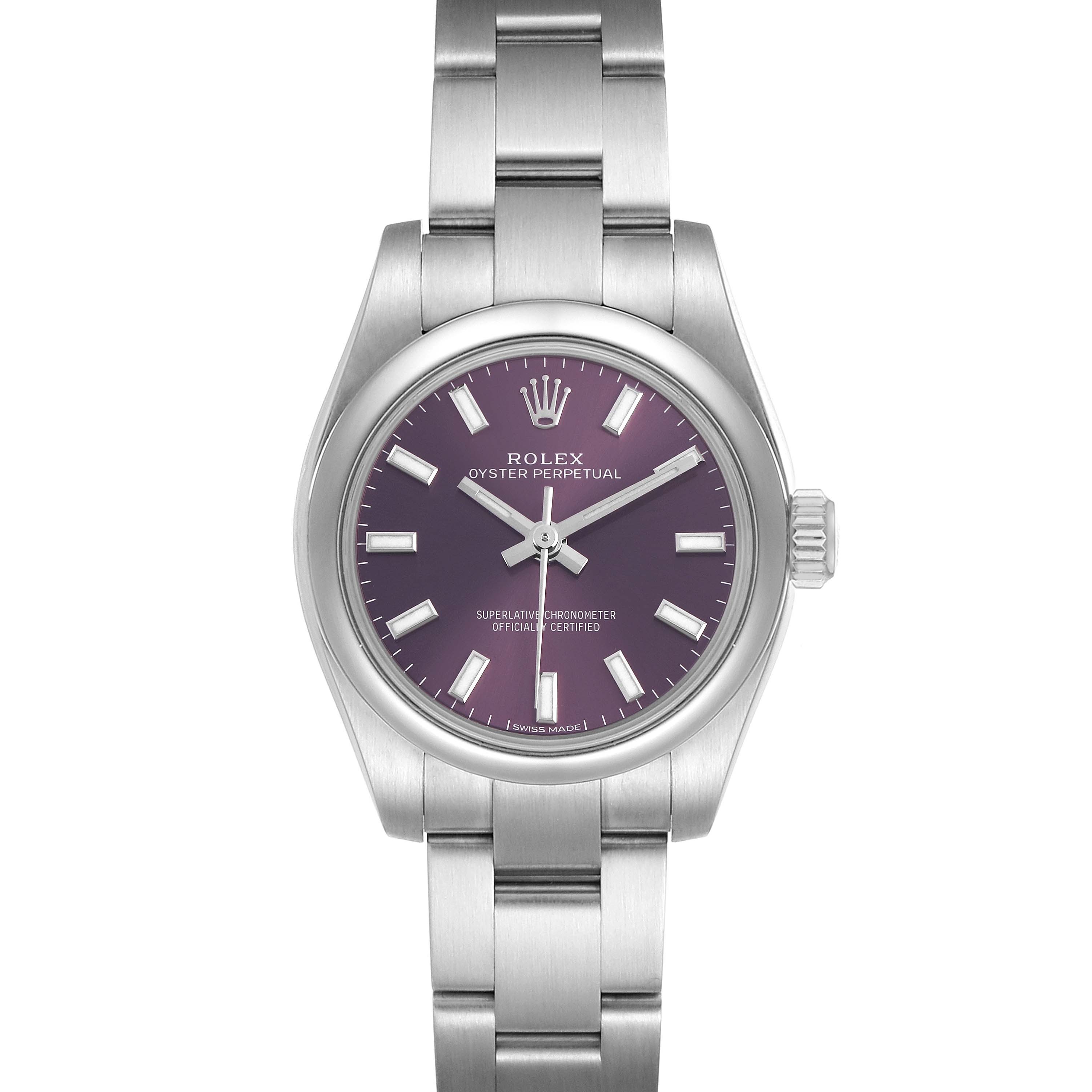 The Rolex Oyster Perpetual 176200 Women's Stainless Steel Purple Dial watch is shown from a top-down angle highlighting the face, bezel, bracelet, and crown.