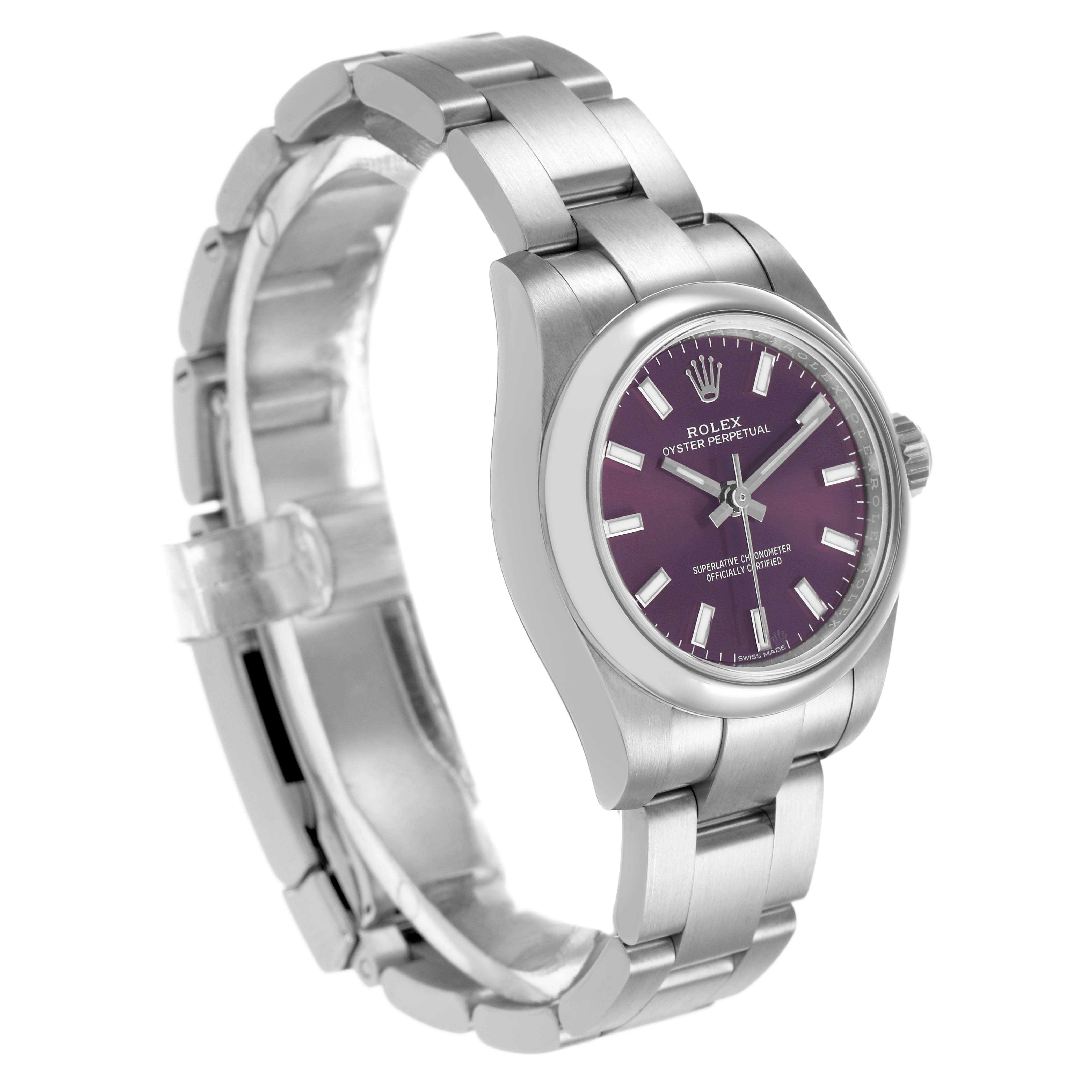The Rolex Oyster Perpetual 176200 Women's Stainless Steel Purple Dial watch is shown at a slight angle, displaying its face, bezel, crown, and part of the bracelet.