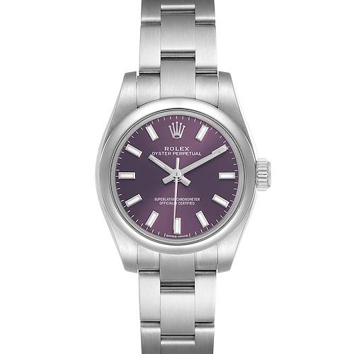 The Rolex Oyster Perpetual 176200 Women's Stainless Steel Purple Dial watch is shown from the front, highlighting the dial, hands, and stainless steel bracelet.