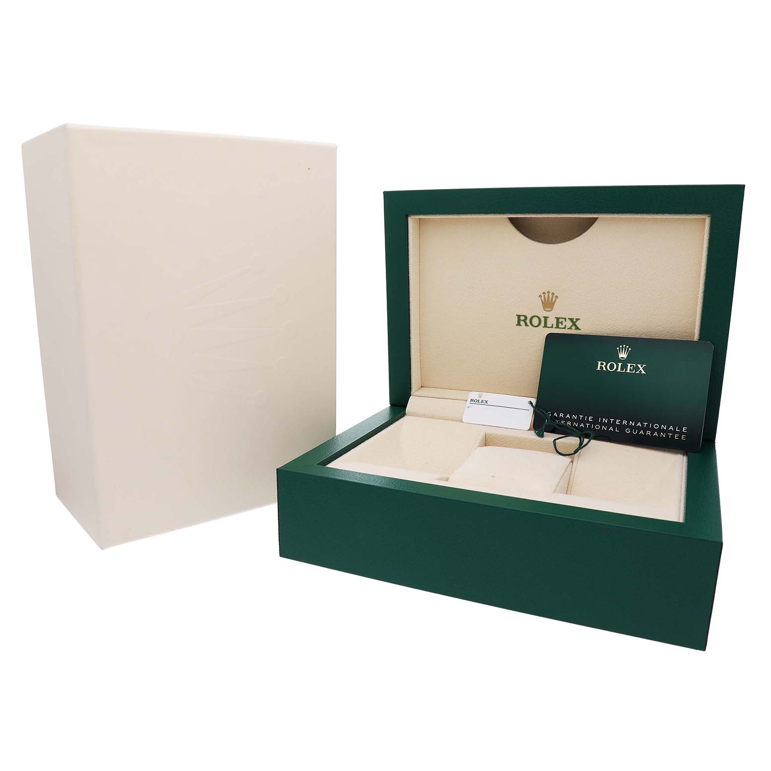 The image shows a Rolex Oyster Perpetual 124200 Men's Stainless Steel Green Dial watch box, open to reveal compartments and accompanying guarantee paperwork.