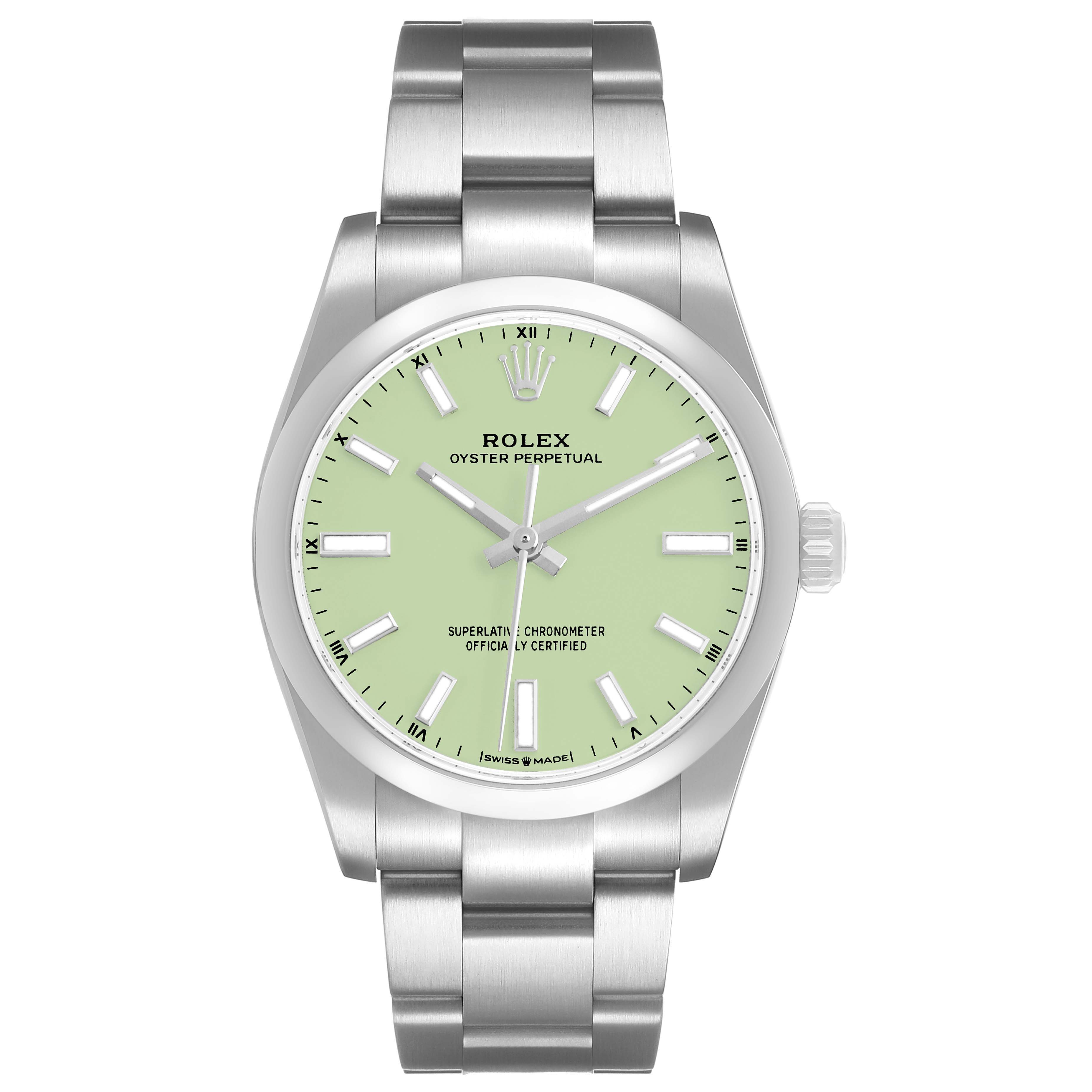 The Rolex Oyster Perpetual 124200 Men's Stainless Steel Green Dial watch is shown from the front, featuring the dial, case, and part of the bracelet.