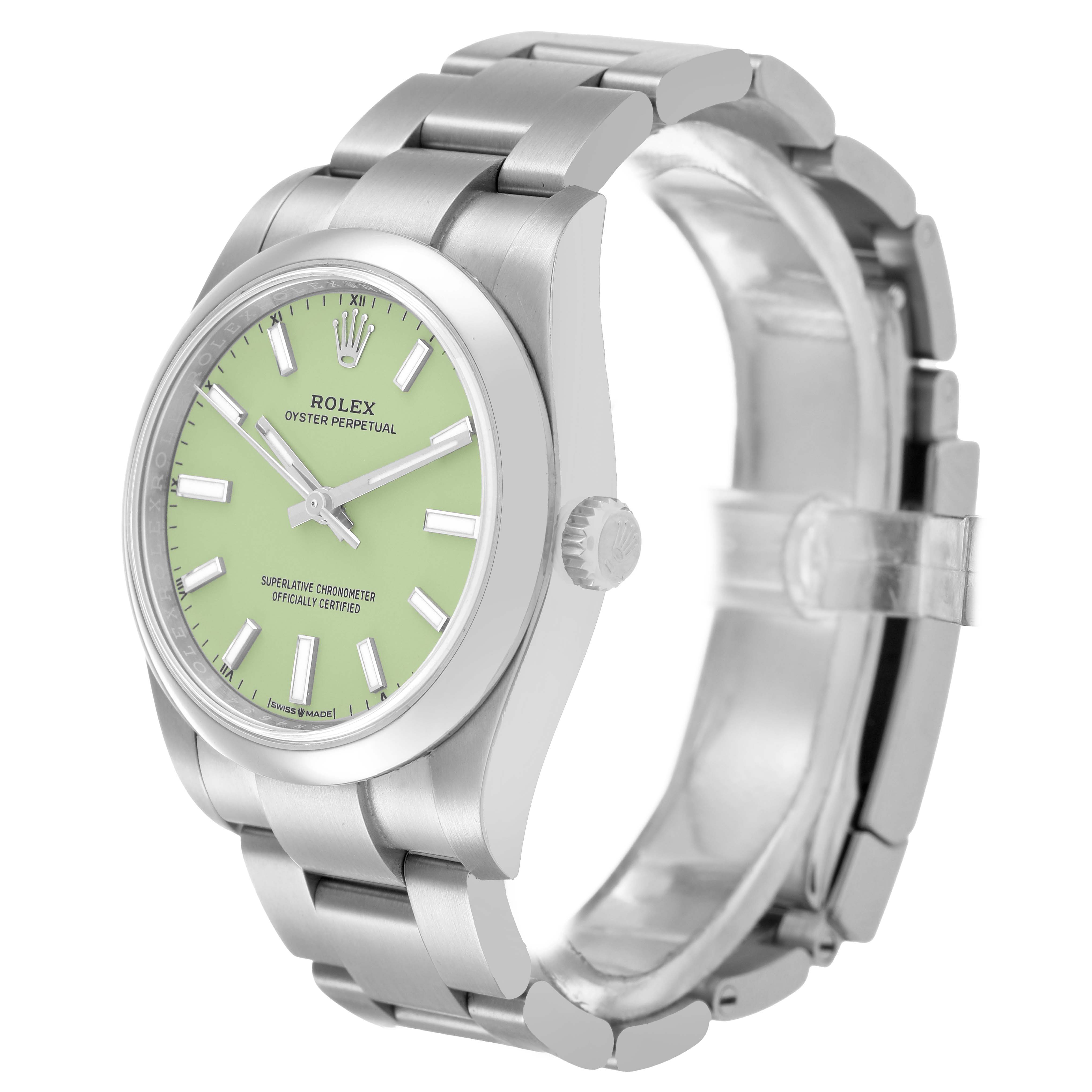 The Rolex Oyster Perpetual 124200 Men's Stainless Steel Green Dial watch is shown from a three-quarter angle, highlighting the green dial, case, and metal bracelet.