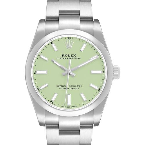 The Rolex Oyster Perpetual 124200 Men's Stainless Steel Green Dial watch is shown from the front, highlighting its green dial and stainless steel bracelet.
