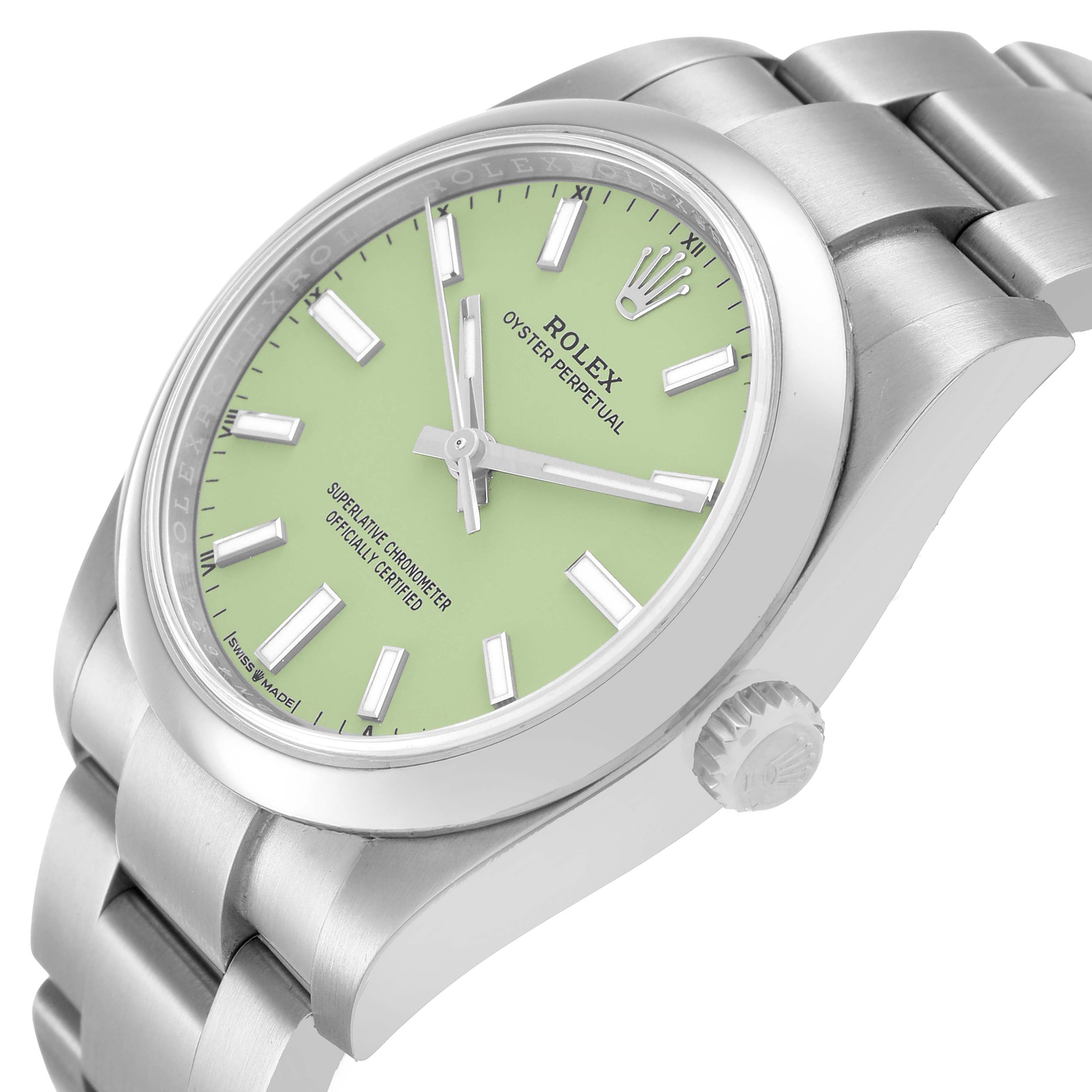 The Rolex Oyster Perpetual 124200 Men's Stainless Steel Green Dial watch is shown from a three-quarter angle, highlighting the face, case, crown, and part of the bracelet.