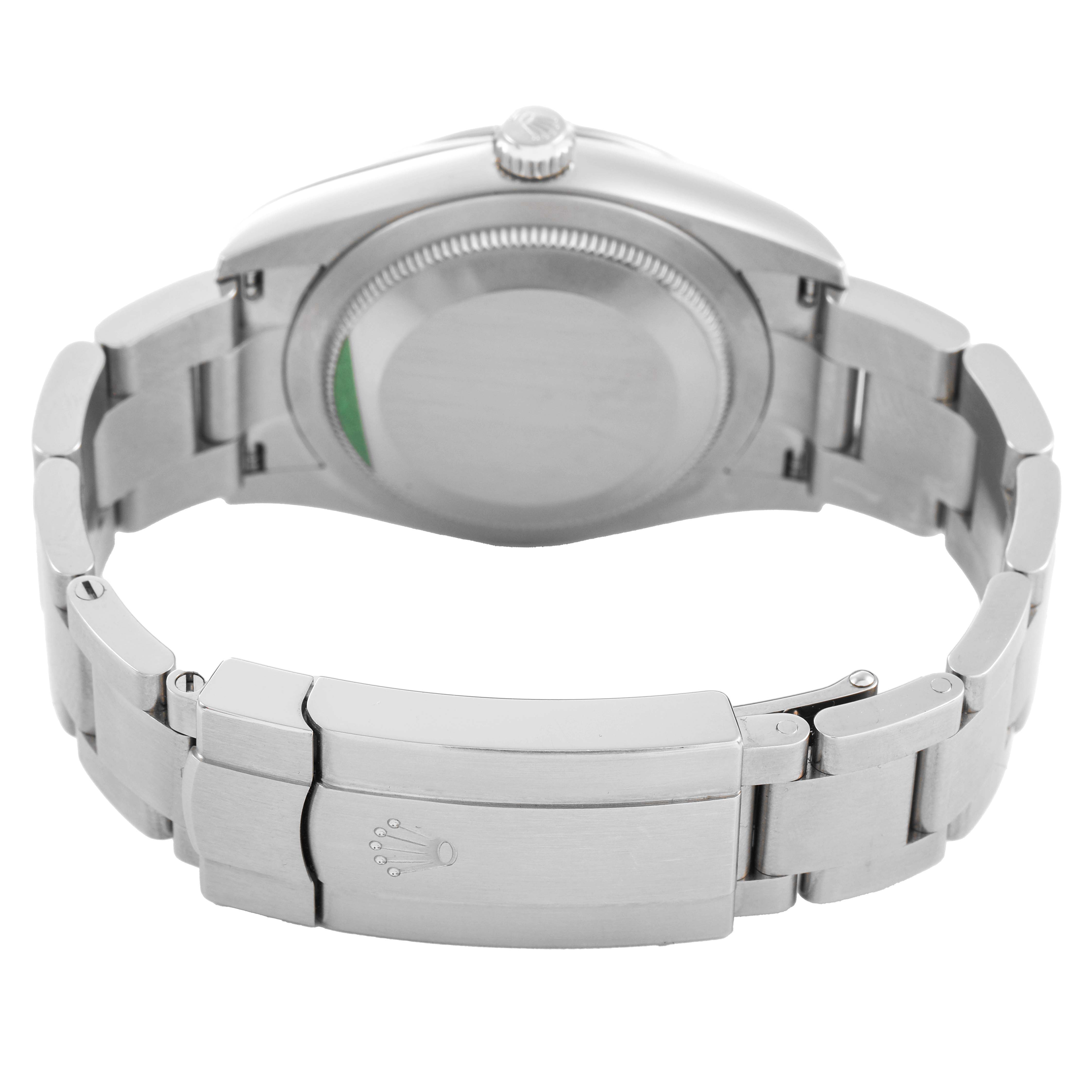 The image shows the back and bracelet clasp of a Rolex Oyster Perpetual 124200 Men's Stainless Steel Green Dial watch.