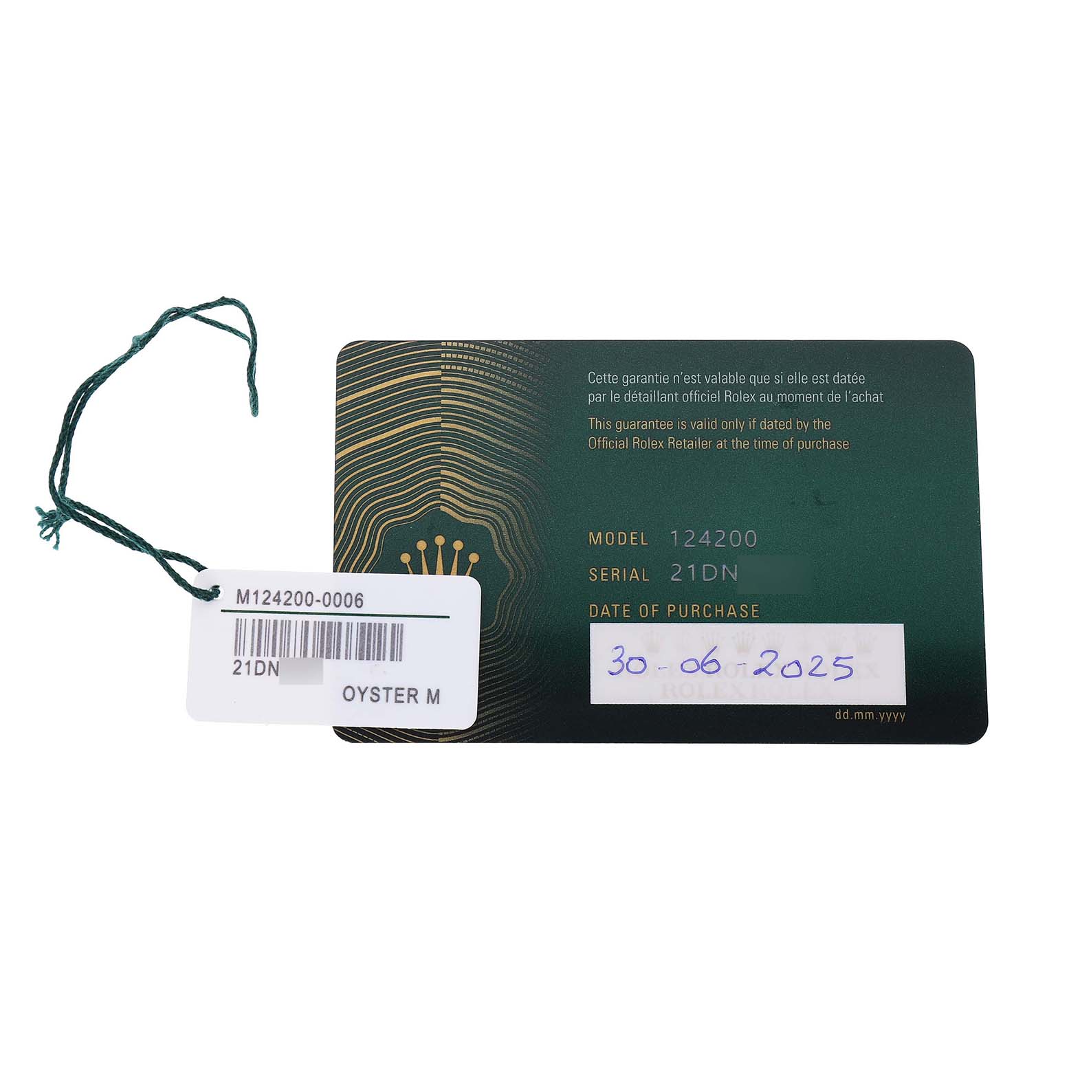 The image shows a Rolex Oyster Perpetual 124200 Men's Stainless Steel Green Dial model 124200 warranty card with serial number and purchase date.