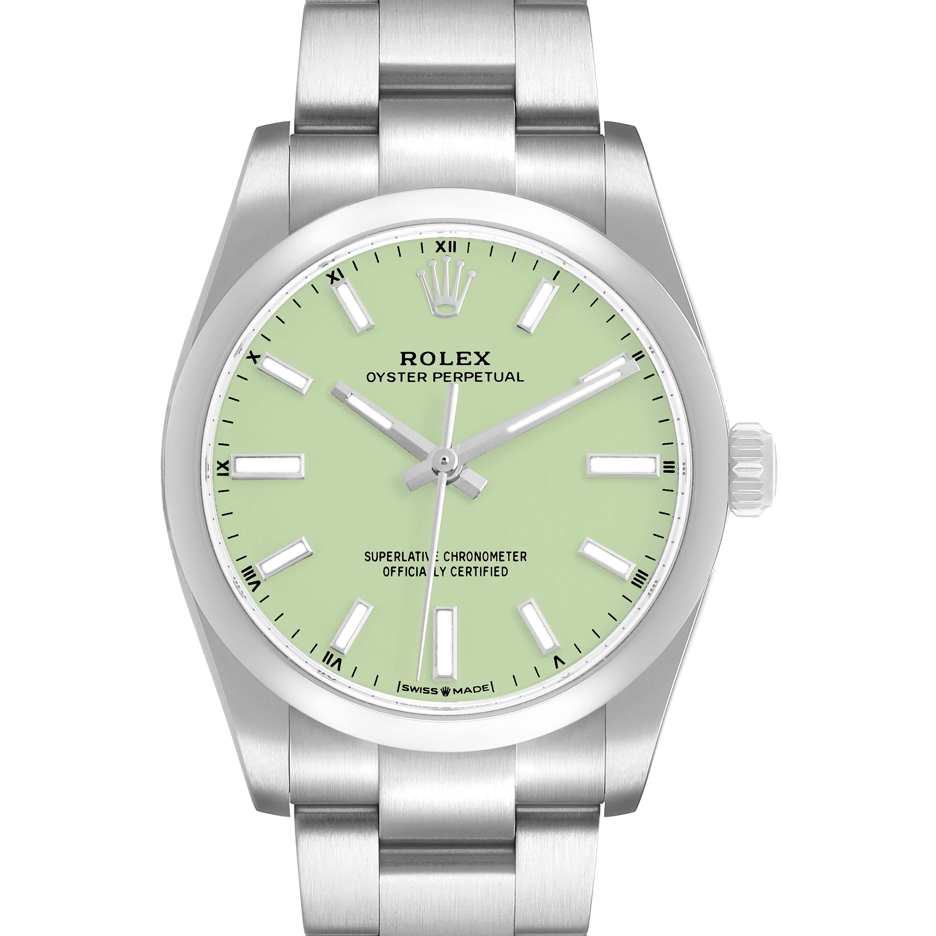 The Rolex Oyster Perpetual 124200 Men's Stainless Steel Green Dial watch is shown from a front angle, displaying the dial, bracelet, case, and bezel.