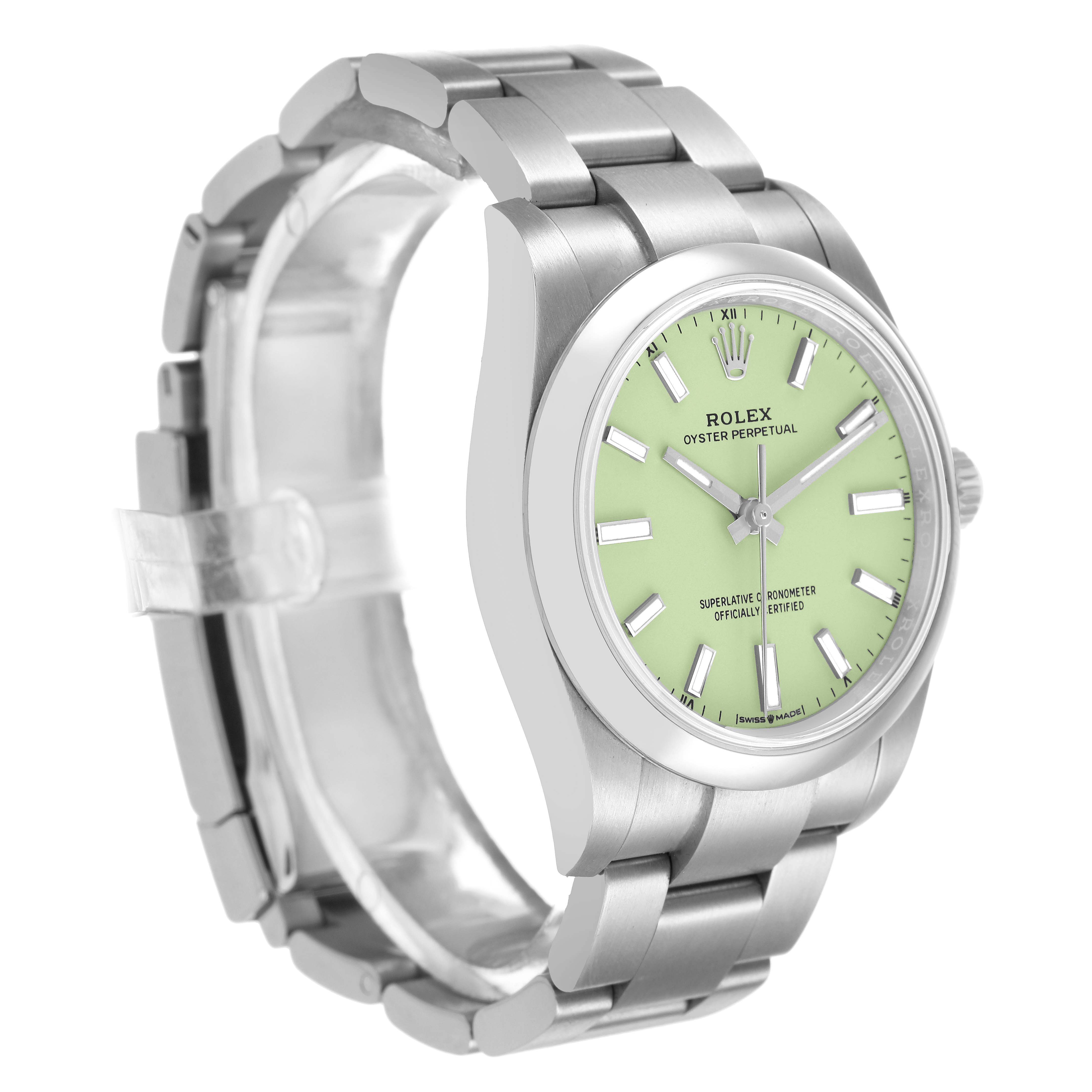 The Rolex Oyster Perpetual 124200 Men's Stainless Steel Green Dial watch is shown at an angle displaying the face, bezel, and part of the stainless steel bracelet.