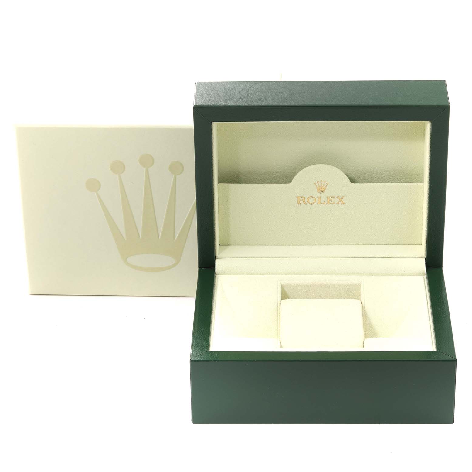 The image shows an open green Rolex watch box for the Oyster Perpetual model, with an outer cream sleeve featuring the Rolex crown logo.