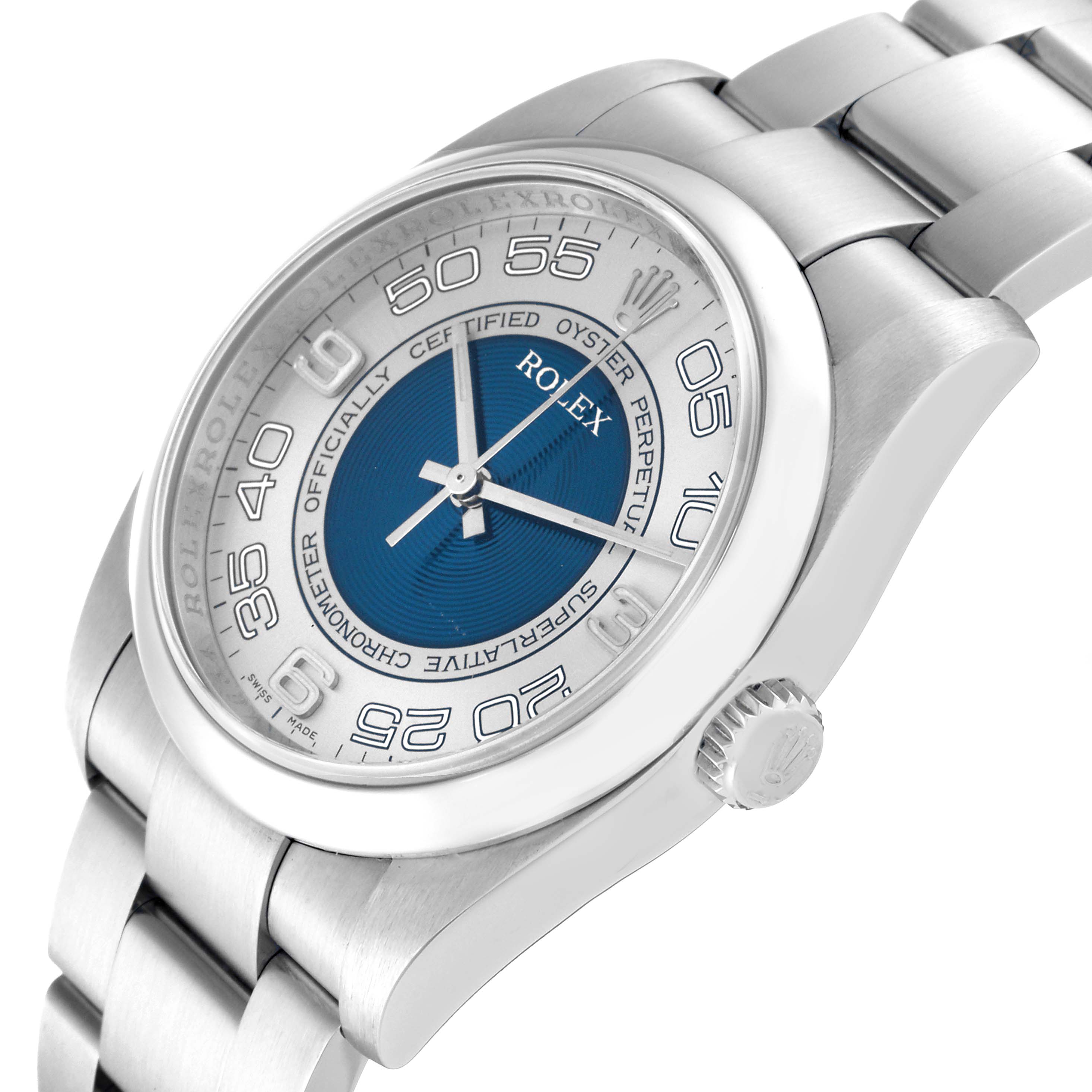 This image shows a side and angled front view of a Rolex Oyster Perpetual 116000 Men's Stainless Steel Silver Dial 116000 Men's Stainless Steel Silver Dial watch, highlighting the dial, case, bracelet, and crown.