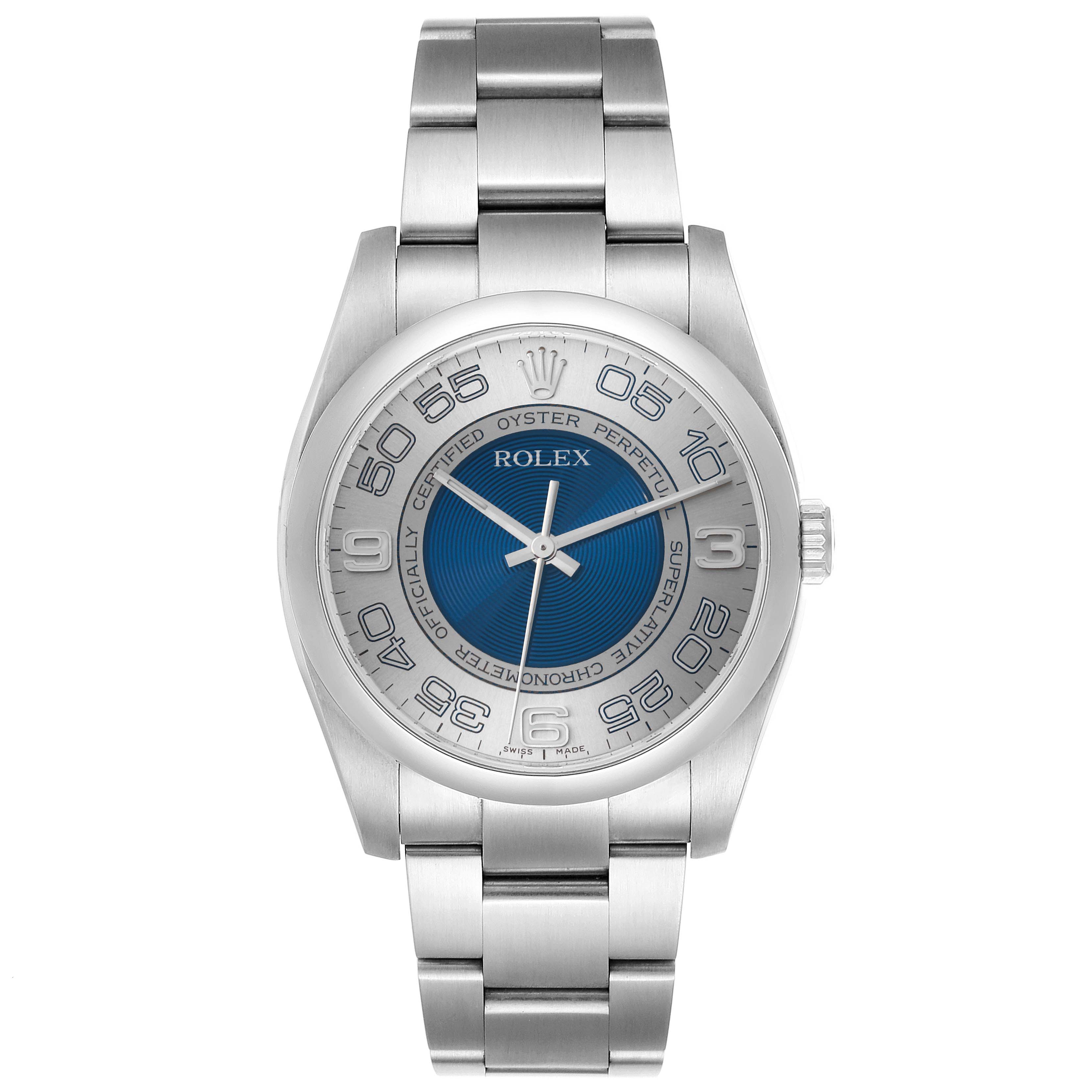 This image shows a full frontal view of a Rolex Oyster Perpetual 116000 Men's Stainless Steel Silver Dial 116000 Men's Stainless Steel Silver Dial watch, highlighting the dial, bezel, and bracelet.