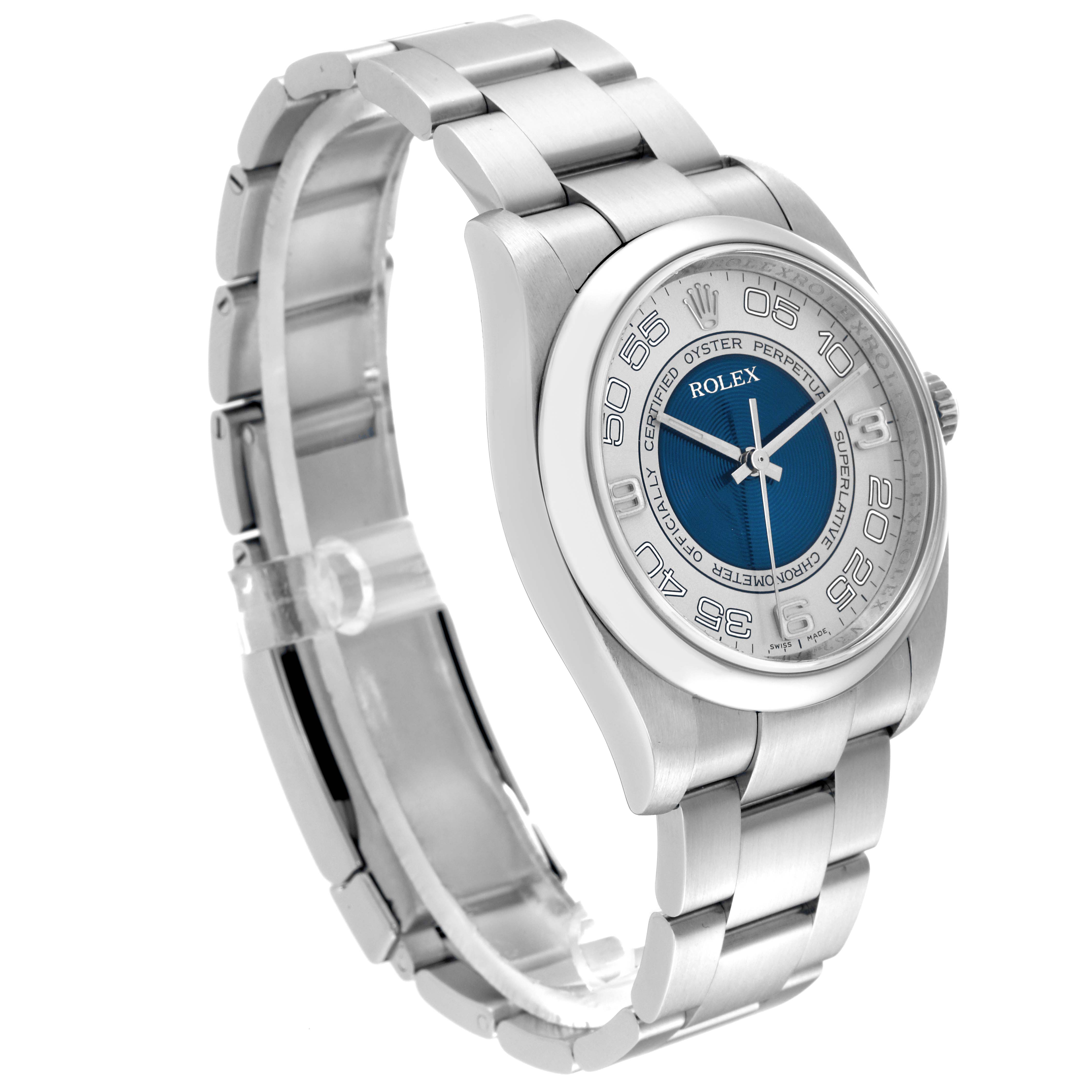 This image shows a Rolex Oyster Perpetual 116000 Men's Stainless Steel Silver Dial 116000 Men's Stainless Steel Silver Dial watch angled to display the face, bezel, and part of the bracelet.