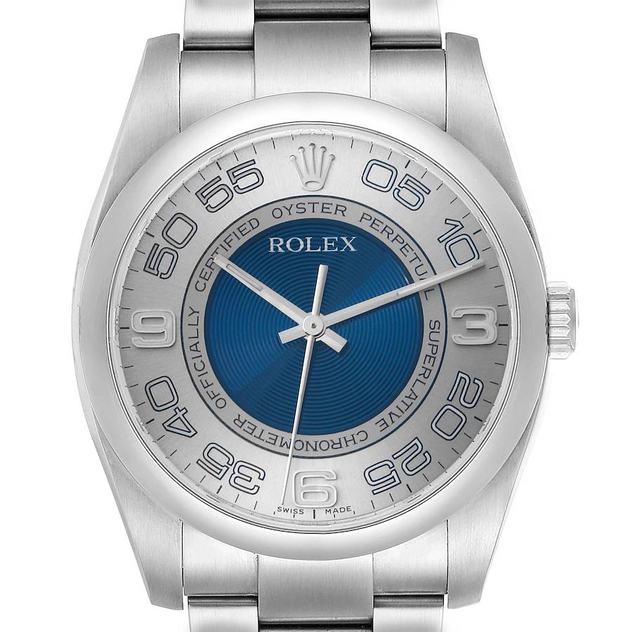 Rolex Oyster Perpetual 36mm Silver Blue Concentric Dial Steel Mens Watch 116000 SwissWatchExpo