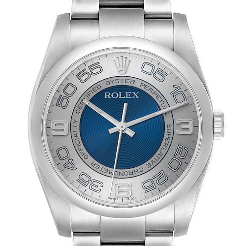 The image features a front view of the Rolex Oyster Perpetual watch, showing its blue dial and stainless steel case and bracelet.