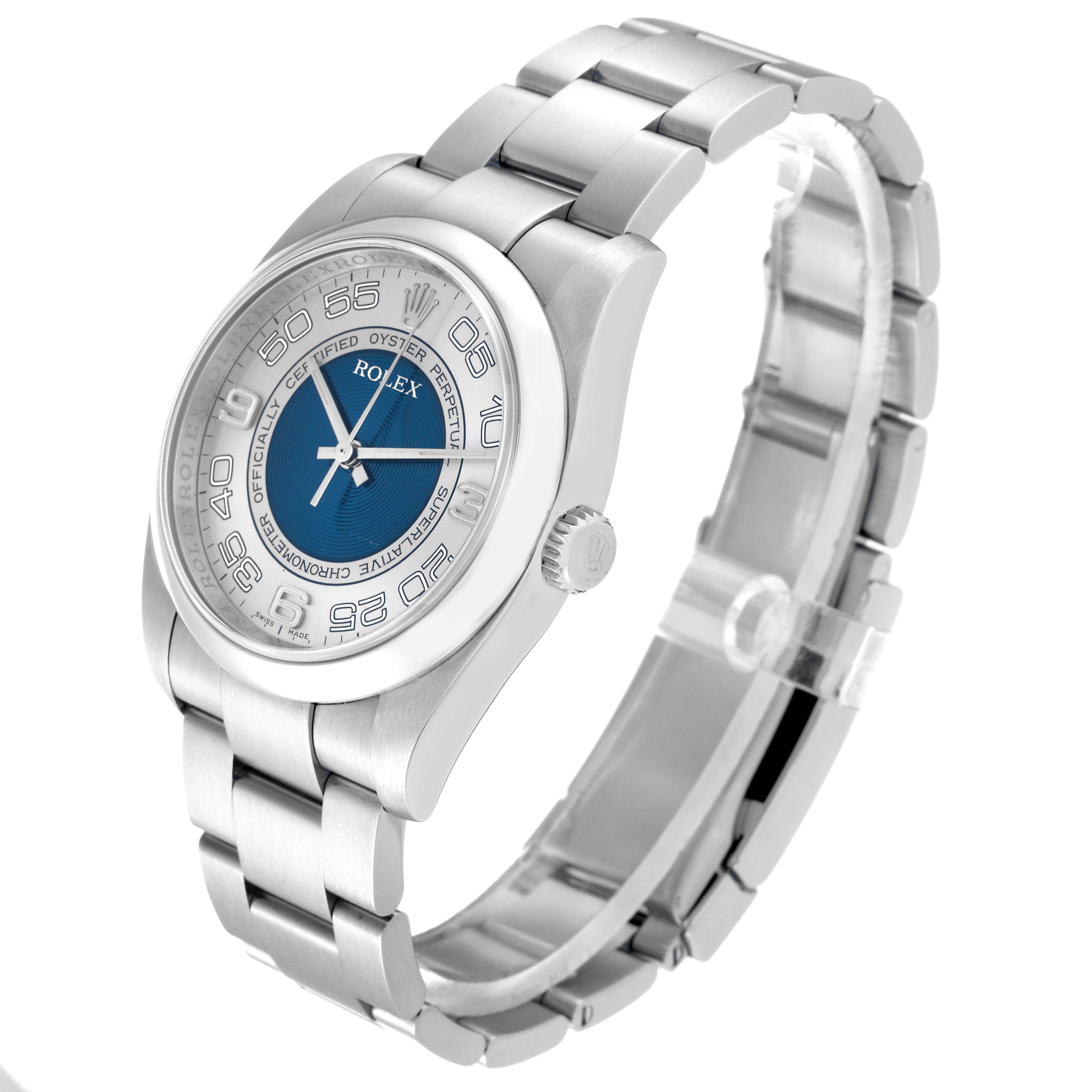 The image shows a side angle of the Rolex Oyster Perpetual 116000 Men's Stainless Steel Silver Dial 116000 Men's Stainless Steel Silver Dial watch, highlighting the face, bezel, crown, and bracelet.