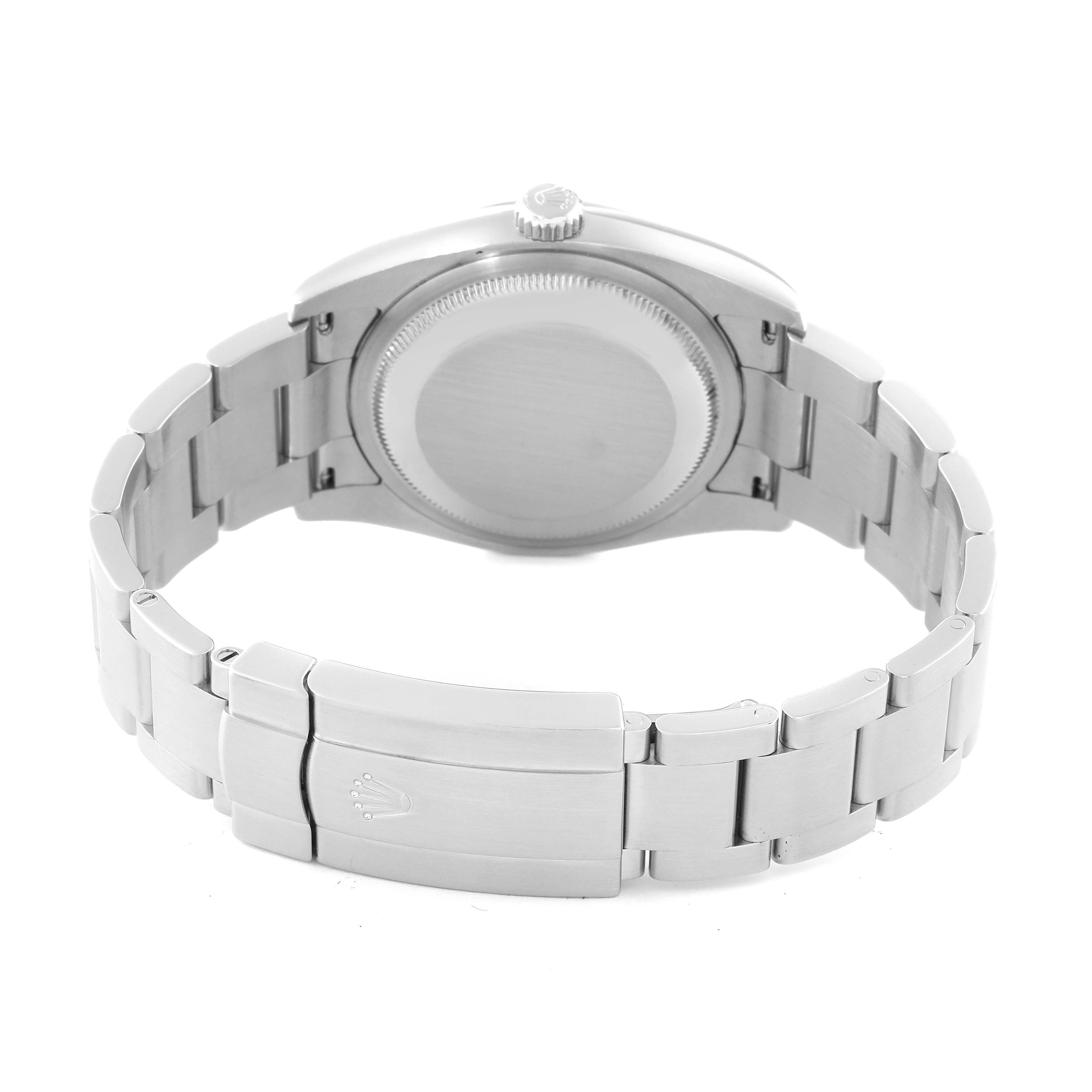 This image shows the back view of the Rolex Oyster Perpetual 116000 Men's Stainless Steel Silver Dial 116000 Men's Stainless Steel Silver Dial watch, including the case back and the bracelet with a clasp.