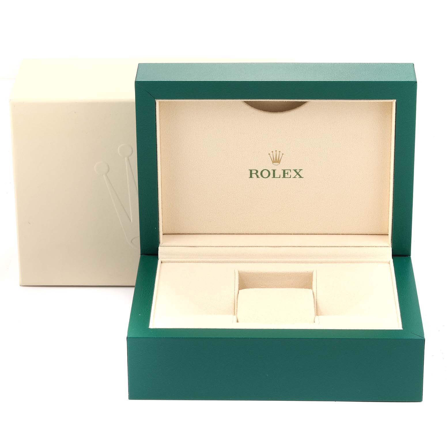 The image shows an open green and cream Rolex watch box from a front angle, specifically for the Oyster Perpetual model.