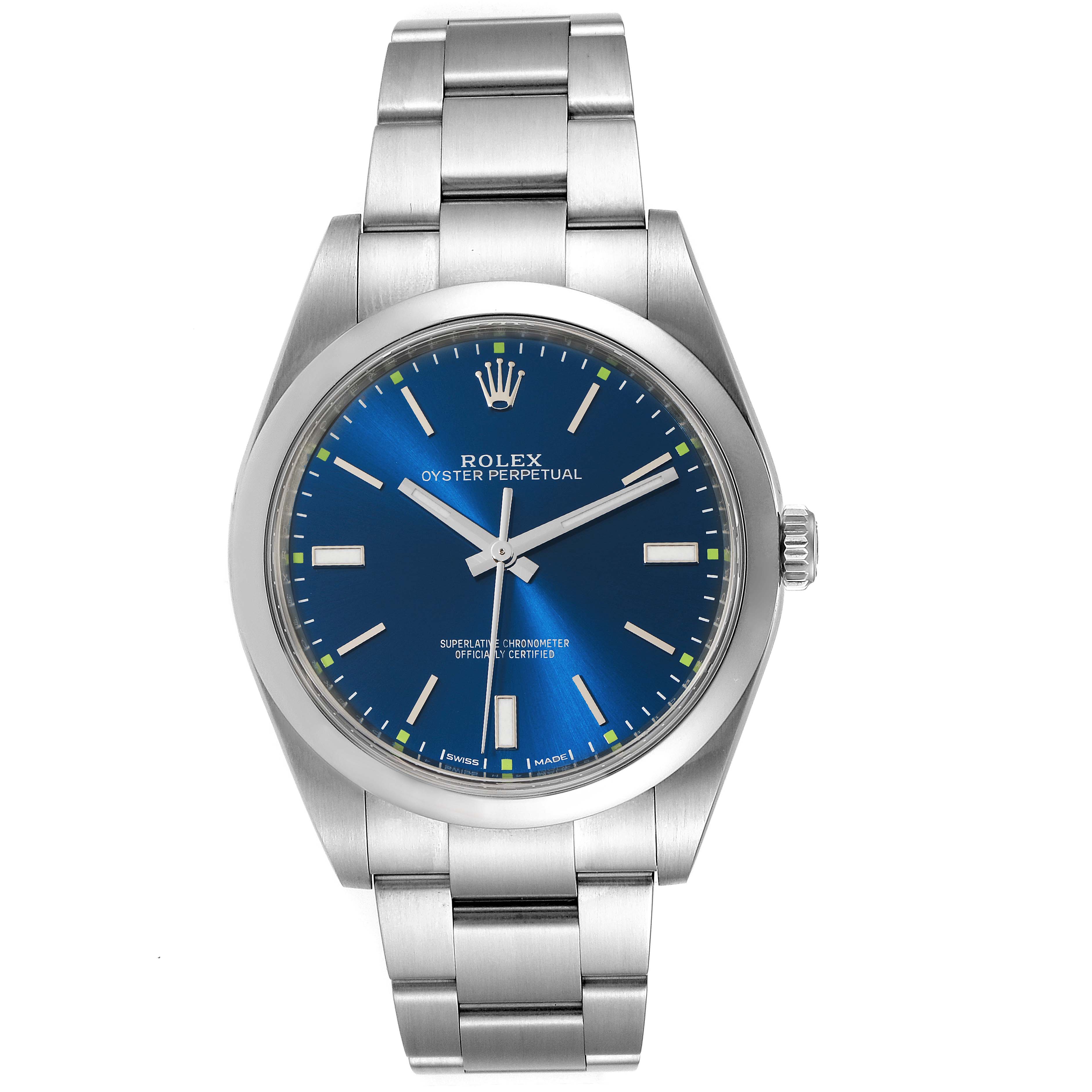The image shows a front view of the Rolex Oyster Perpetual 114300 Men's Stainless Steel Blue Dial 114300 Men's Stainless Steel Blue Dial watch, highlighting the dial, hands, and bracelet.
